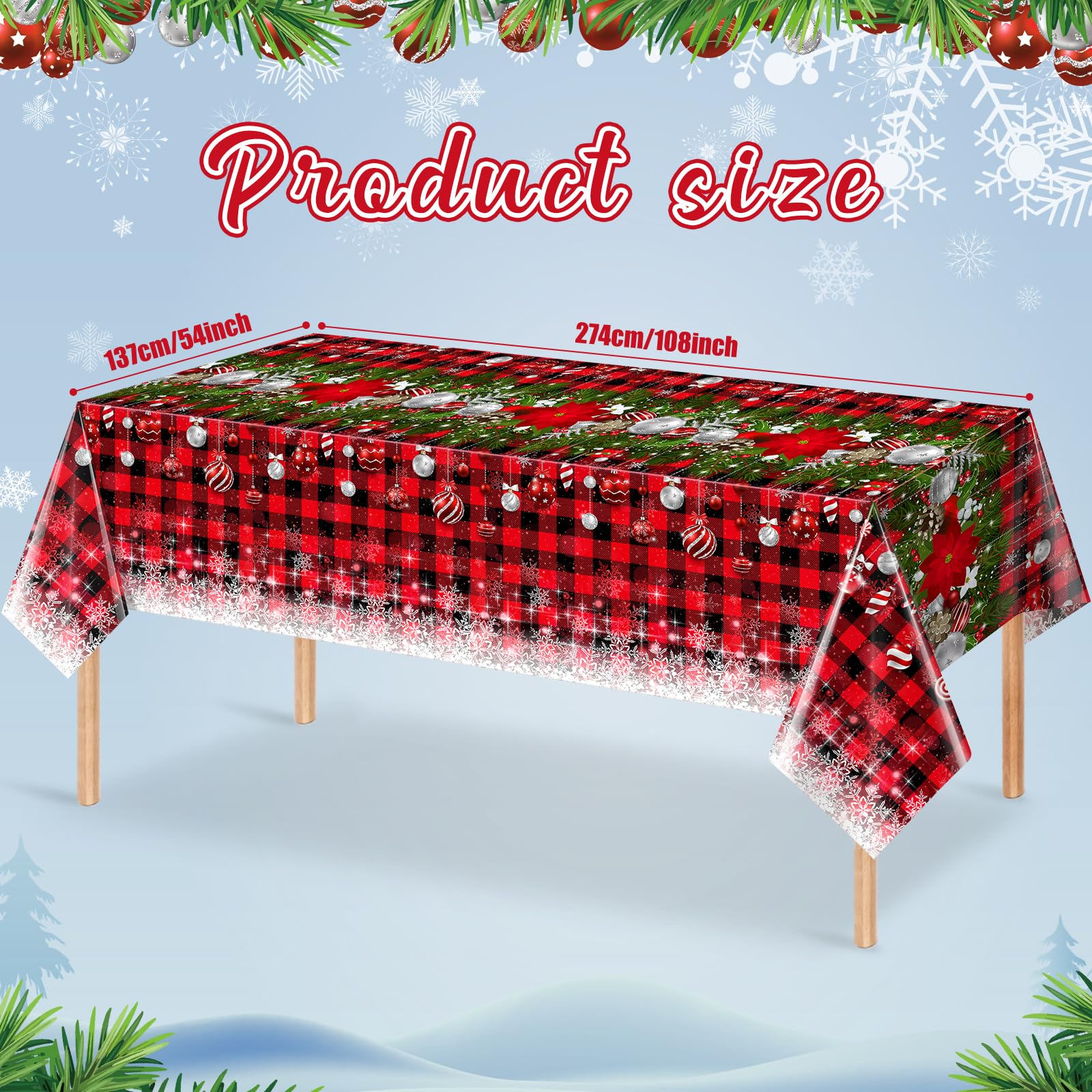 3Pcs Christmas Buffalo Plaid Snowflake Tablecloths,Plastic Red and Black Checkered Rectangle Christmas Tree Color Ball Table Cov