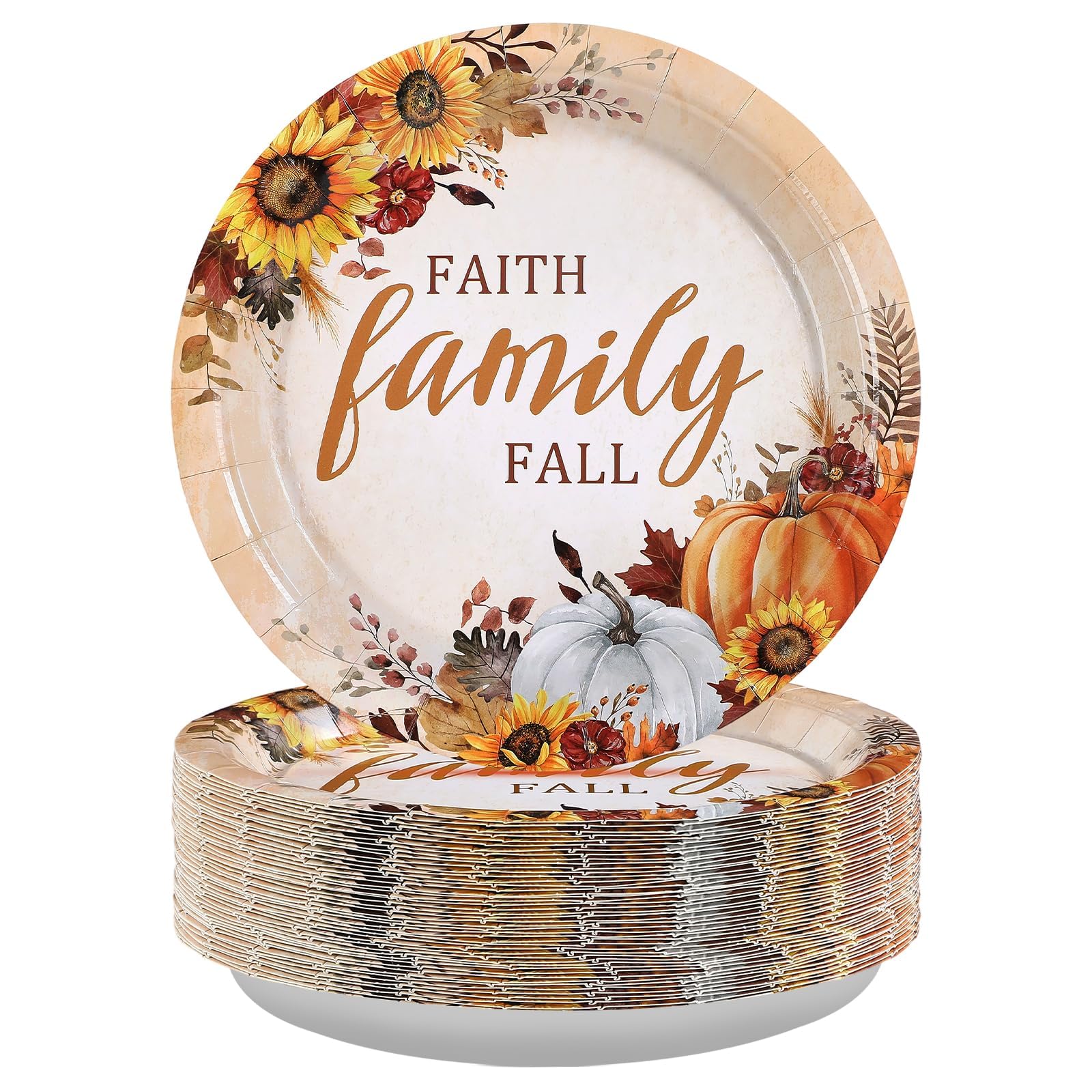 Grencian 50Pcs Fall Faith Family Party Plates 9in Disposable Heavy Duty Fall Pumpkin Sunflower Desert Paper Plates for Autumn Th