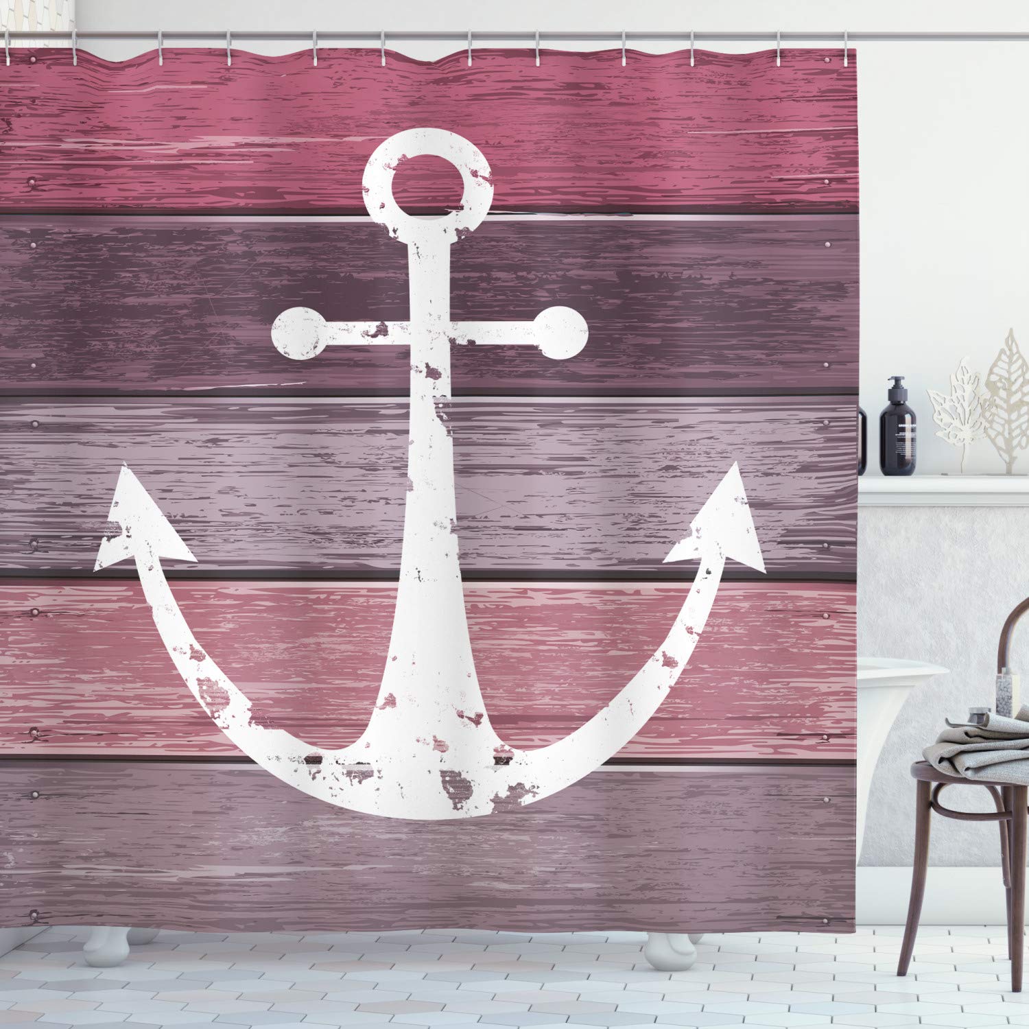 Ambesonne Anchor Shower Curtain, Sailor Marine Theme On Wooden Planks In Rustic Pinkish Tones Drawing Picture, Fabric Decor For