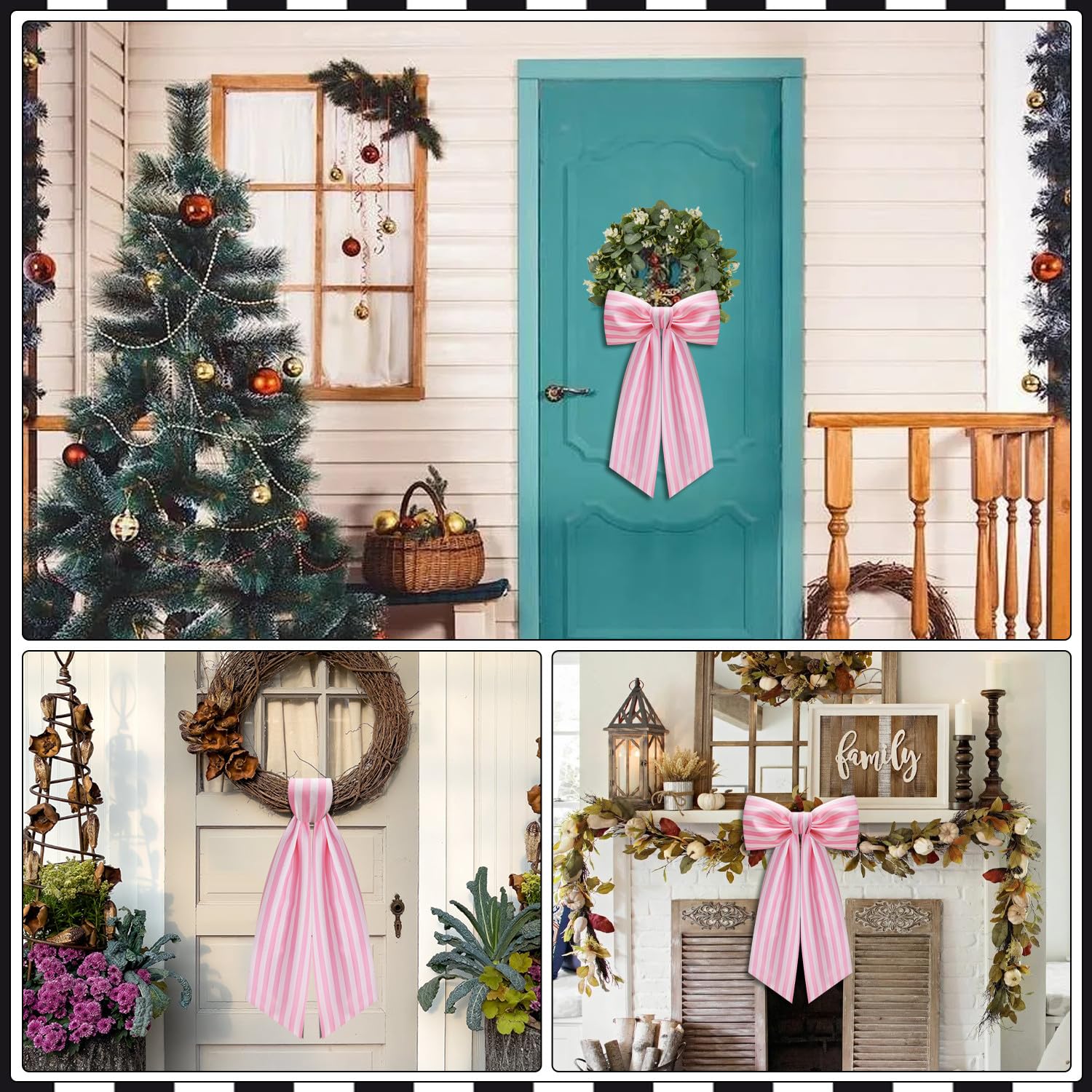 2 Pack Wreath Sash for Front Door Stripe Boxwood Sash Garland Porch Decor Wreath Accessories (Pink and White Stripe)
