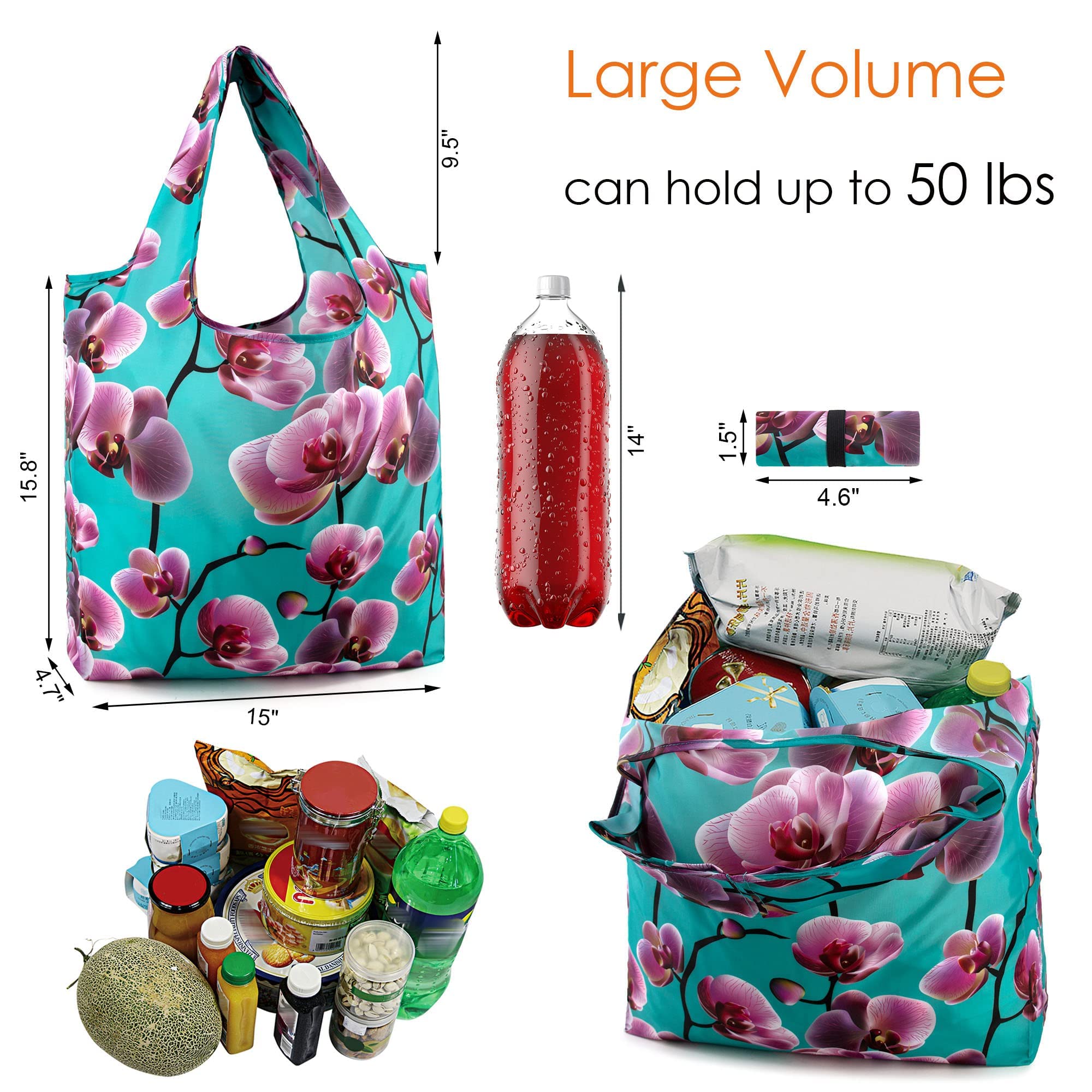 Beegreen 12 Packs Flower Reusable Grocery Bags Reusable Tote Bags Extra Large 50Lbs Cute Floral Design Foldable Reusable Bags Fo