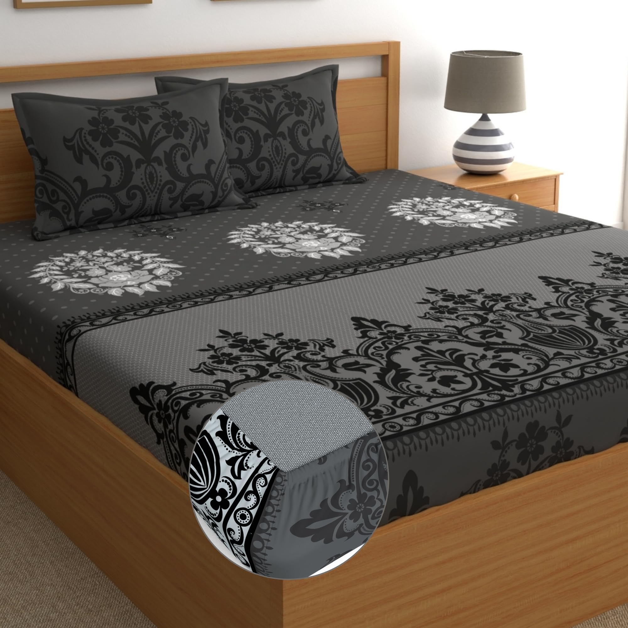 Dreamscape 100% Cotton King Fitted Floral Bedsheet With 2 Pillow Covers - (Size 72 X 78 Inches, 140 Tc, Colour - Dark Grey)