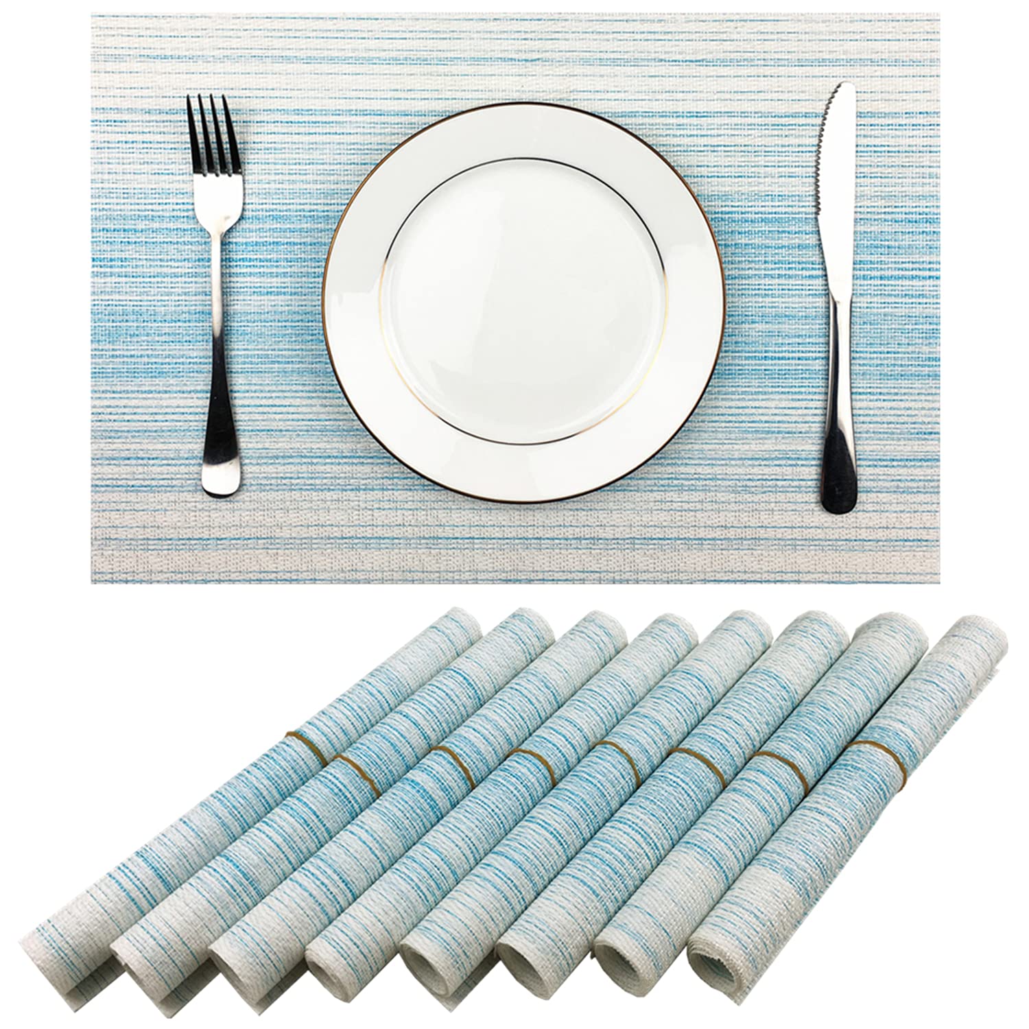 Placemat,Blending Color Durable Woven Vinyl Placemat Washable Heat-Resistant Anti-Skid Kitchen Dining Table Mats (Set Of 8, Blue