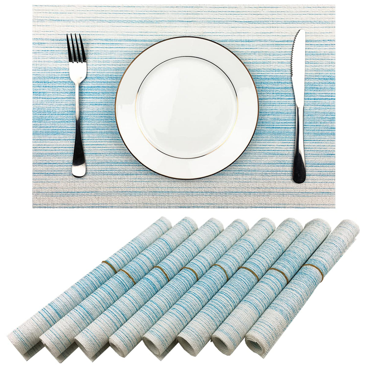 Placemat,Blending Color Durable Woven Vinyl Placemat Washable Heat-Resistant Anti-Skid Kitchen Dining Table Mats (Set Of 8, Blue