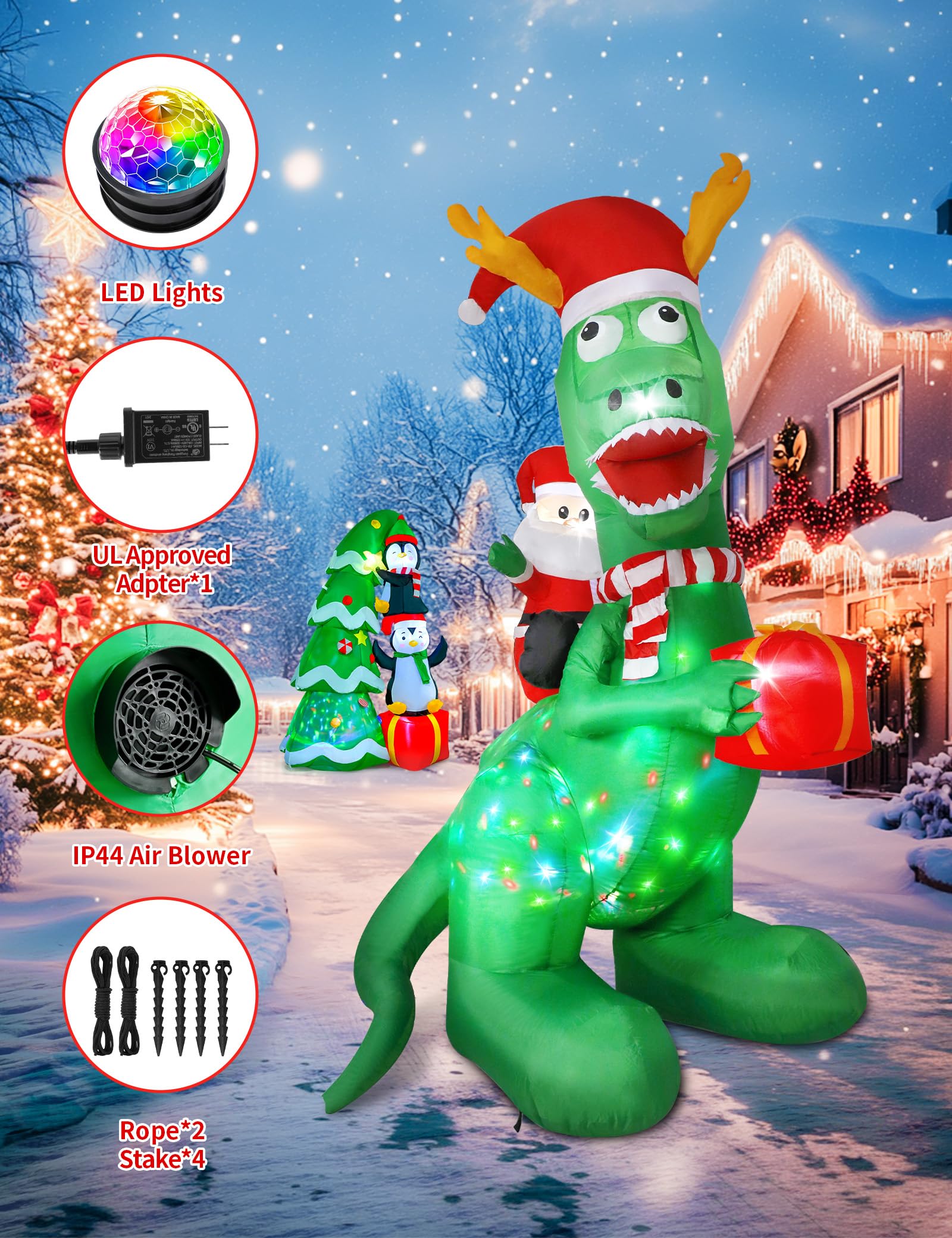 8ft Christmas Inflatables Dinosaur Outdoor Decorations with Bright LED and Disco Light, Santa Claus Riding Dinosaur Holding Gift