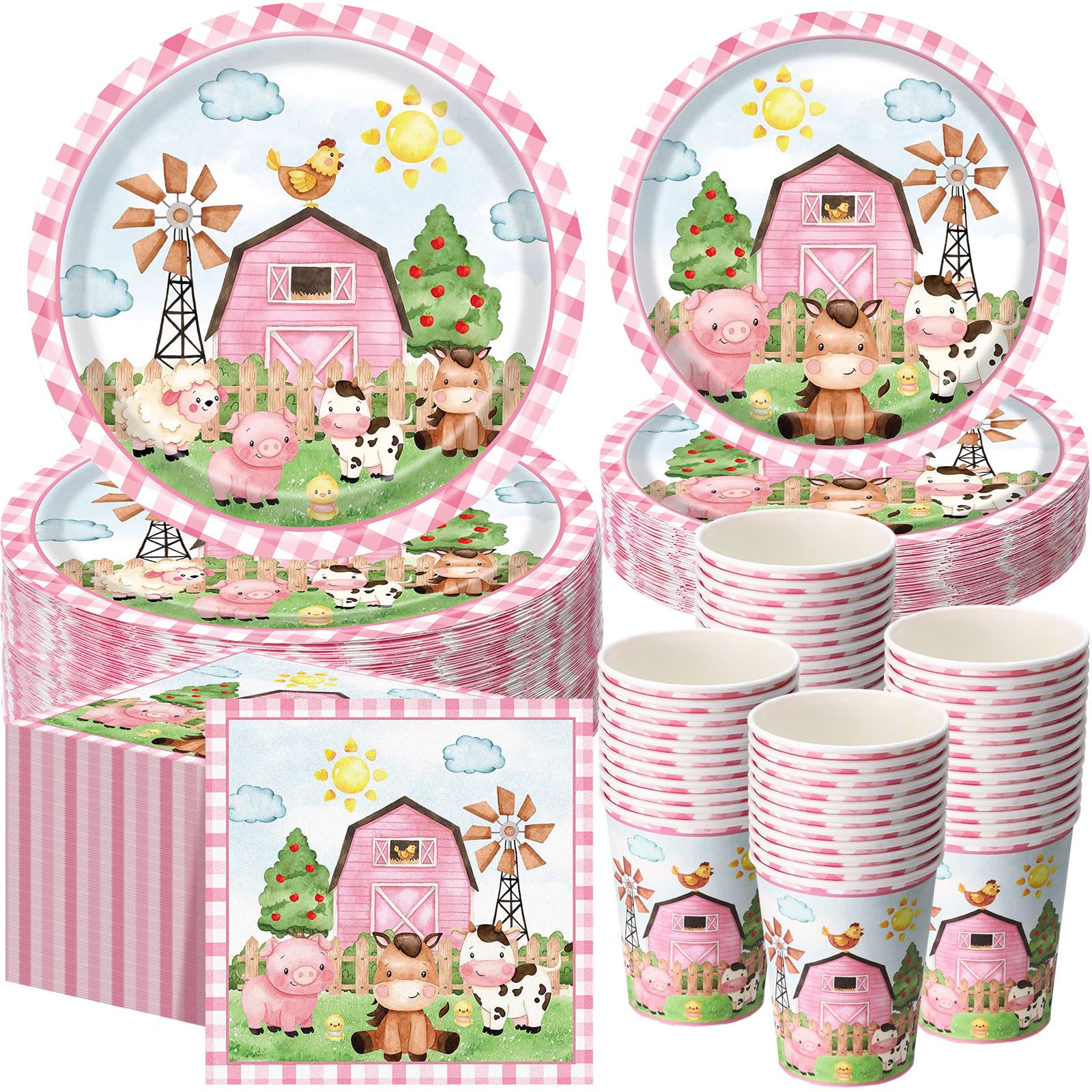 Funnymoom 250 Pcs Farm Animals Themed Party Decorations Barn Animal Paper Plates Cups and Napkins Disposable Pink Barnyard Farm 