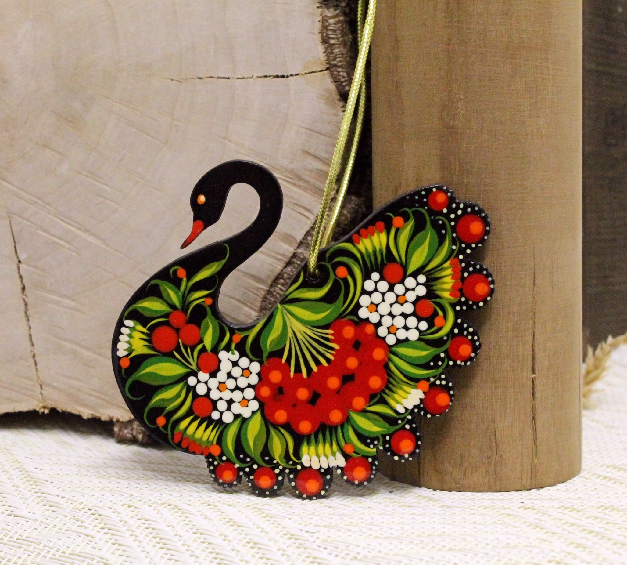Black Swan Christmas Ornament Wooden Hand Painted on Both Sides 3.5 x 3.5 x 0.2 in. Ukrainian Traditional Painting Petrykivka wi