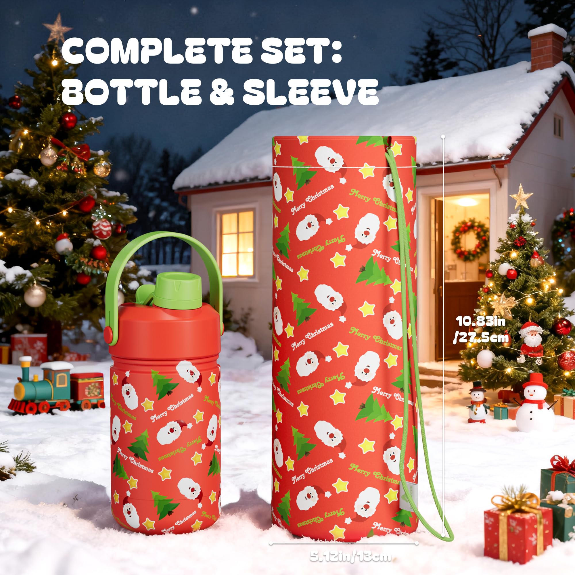 12 oz Kids Christmas Insulated Water Bottle: 2-in-1 Straw Spout Lid, Leakproof, BPA-Free, Keep Cold 24H, Stainless Steel Cup wit