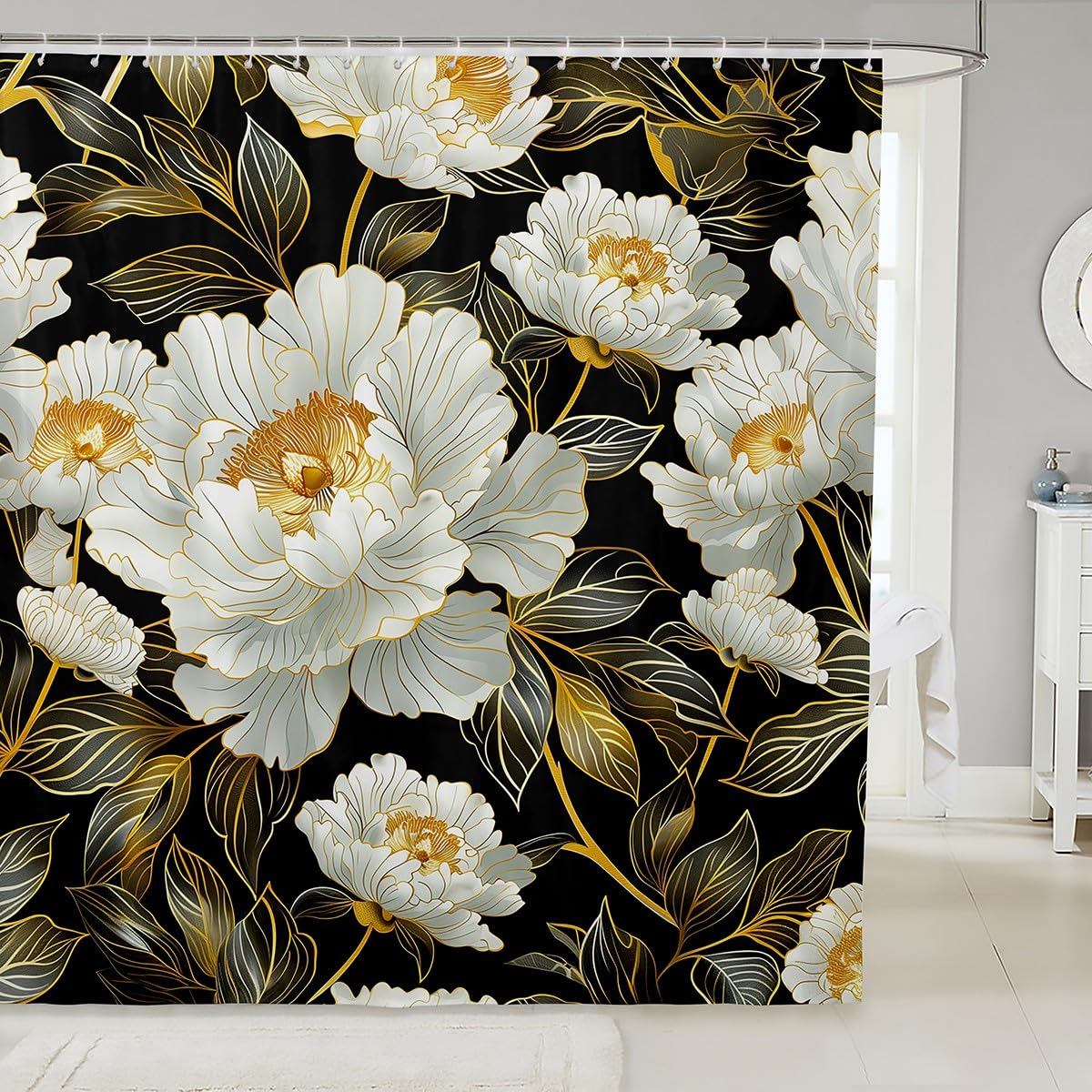 jejeloiu Groovy Flower Bath Curtain 72x72 Retro Floral Shower Curtain for Bathroom Decor Olive Black Bathroom Accessories for Bo