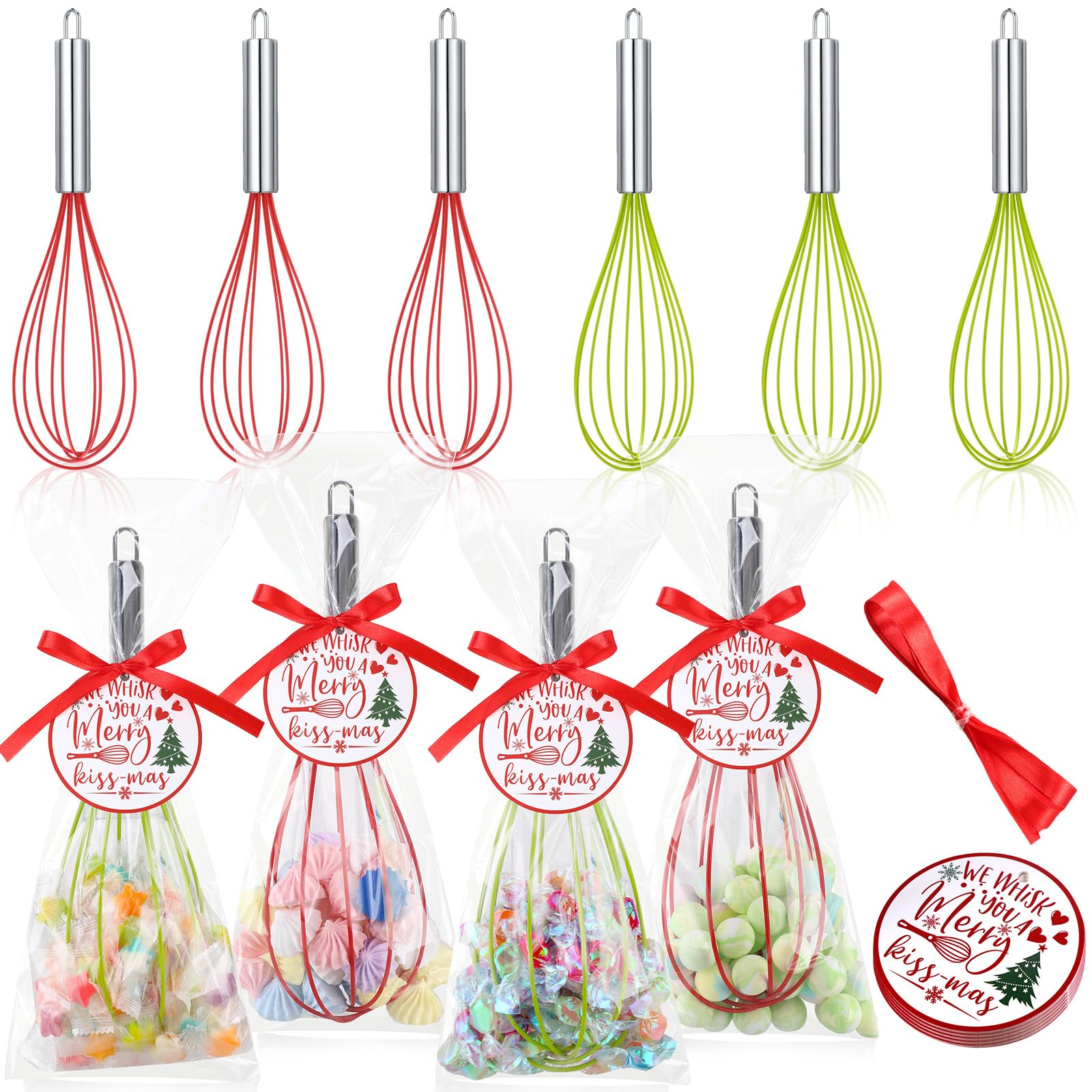FoldTier 6 Sets 12 Inch Christmas Whisks Gifts DIY Fillable Christmas Tree Ornaments Xmas Colored Silicone Whisks for Cooking He