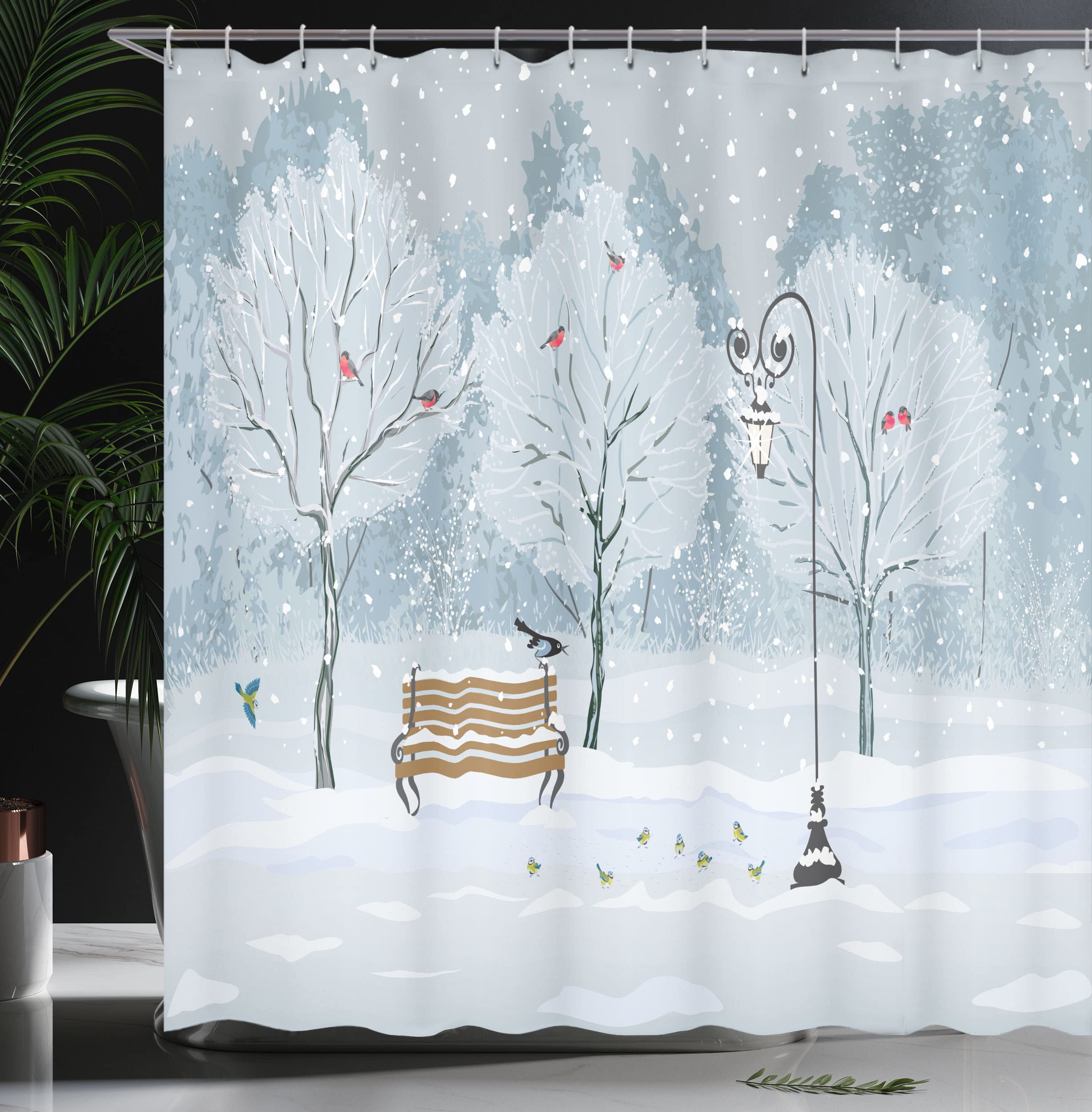 Ambesonne Christmas Shower Curtain, Snow Falling In The Park On A Cold Winter Day Birds Xmas Season Theme Picture, Cloth Fabric