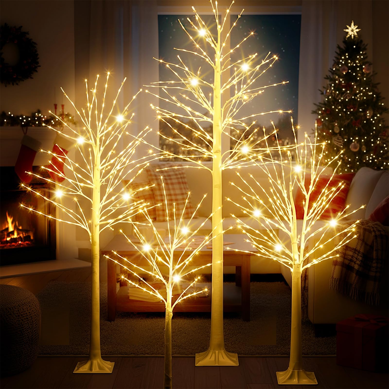 Baquler 4 Pack Lighted Birch Tree - 4 5 6 8 Large Christmas Warm-White LED 8 Mode Light Birch Tree Decoration Set for Thanks