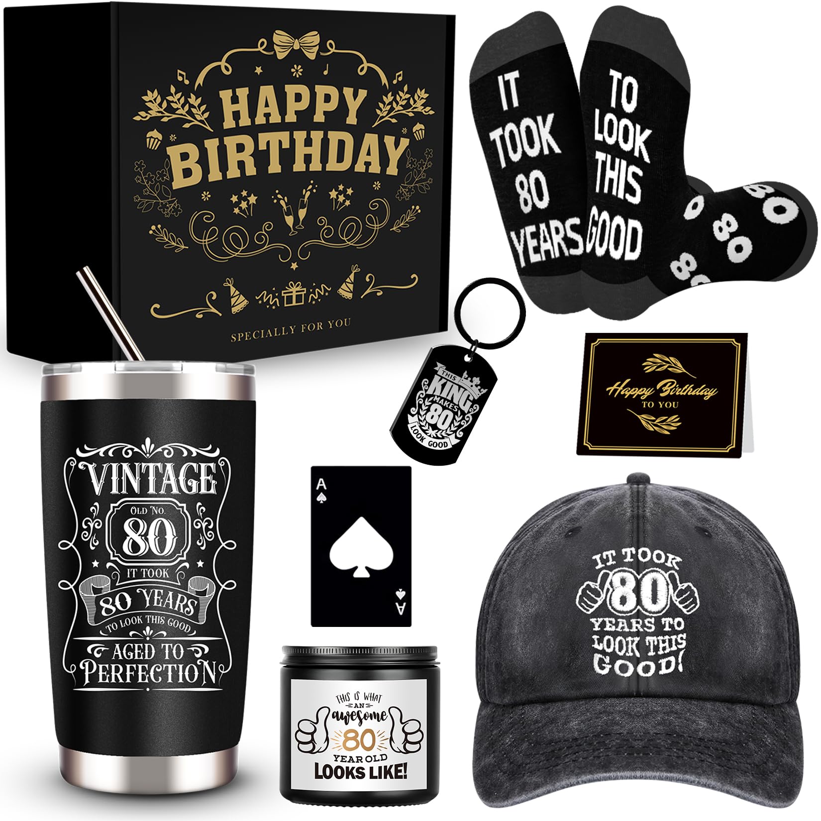 JTAMOHI 80th Birthday Gifts for Men, Unique 80 Year Old Birthday Gifts Box with 20 Oz Tumbler, Scented Candle, Socks, Baseball C