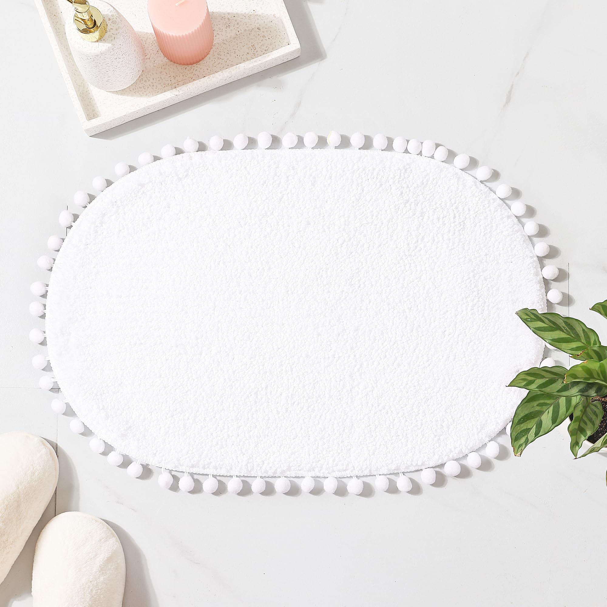 Yirddeo Bath Mat White Rug With Pom Oval Bathroom Rugs For Bedroom Non Slip Cute Boho Absorbent Mats Soft Plush Washable Rug (20