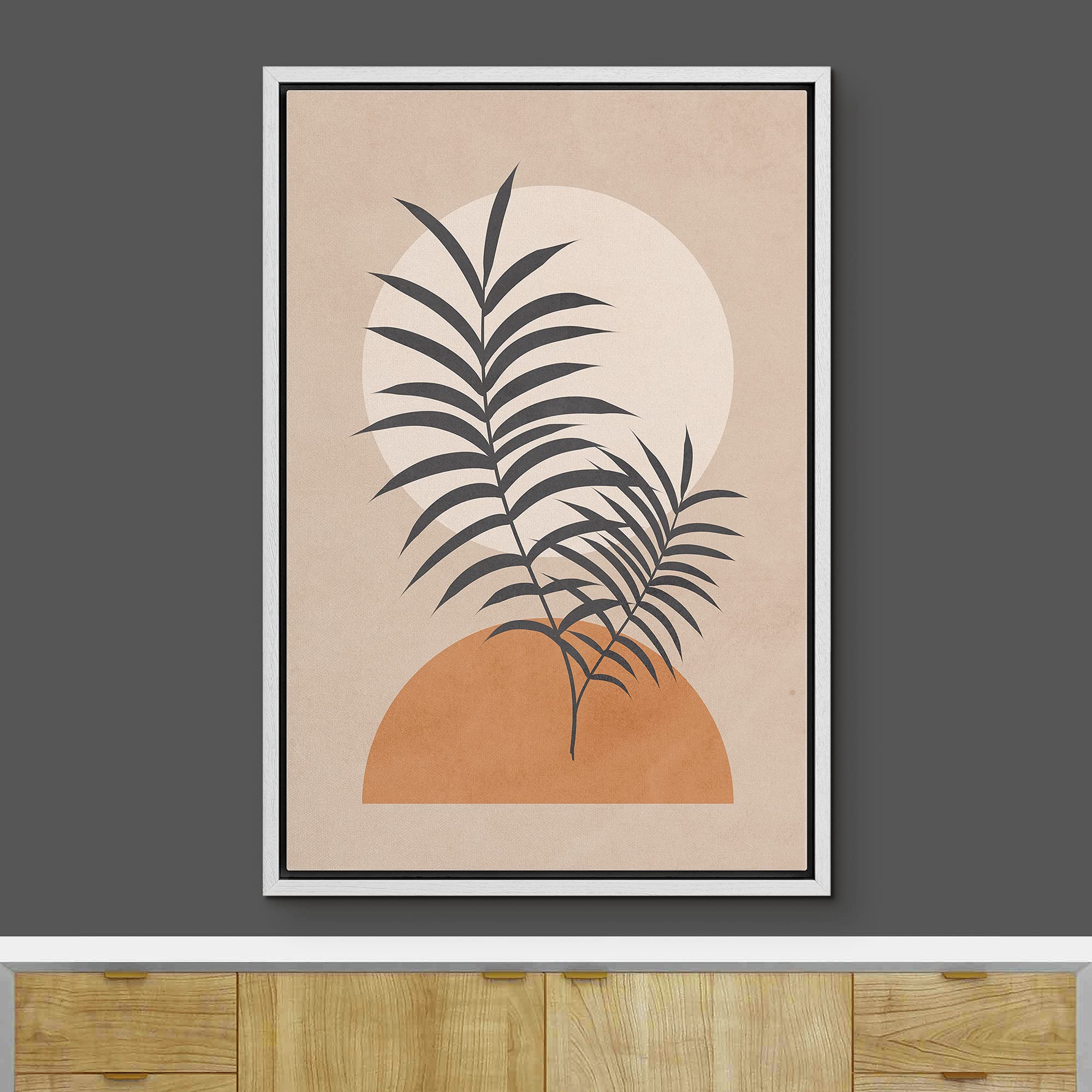 Ashbrook Framed Canvas Print Wall Art Mid-Century Palms On Orange & White Polygons Floral Botanical Illustrations Modern Bohemia