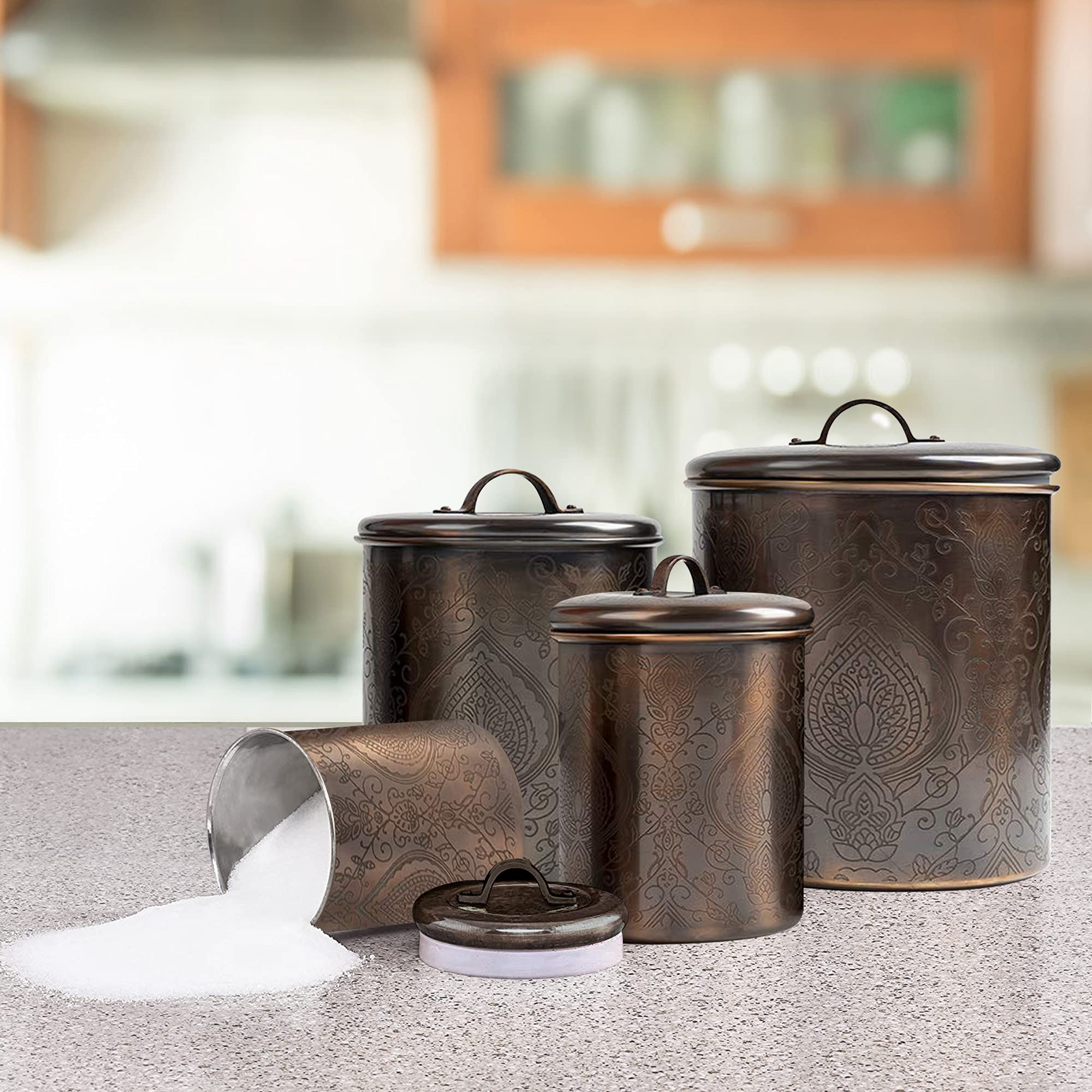 Nu Steel (Set Of 4 Antique Etched Kitchen Organization Canisters Set- Copper & Stainless Steel