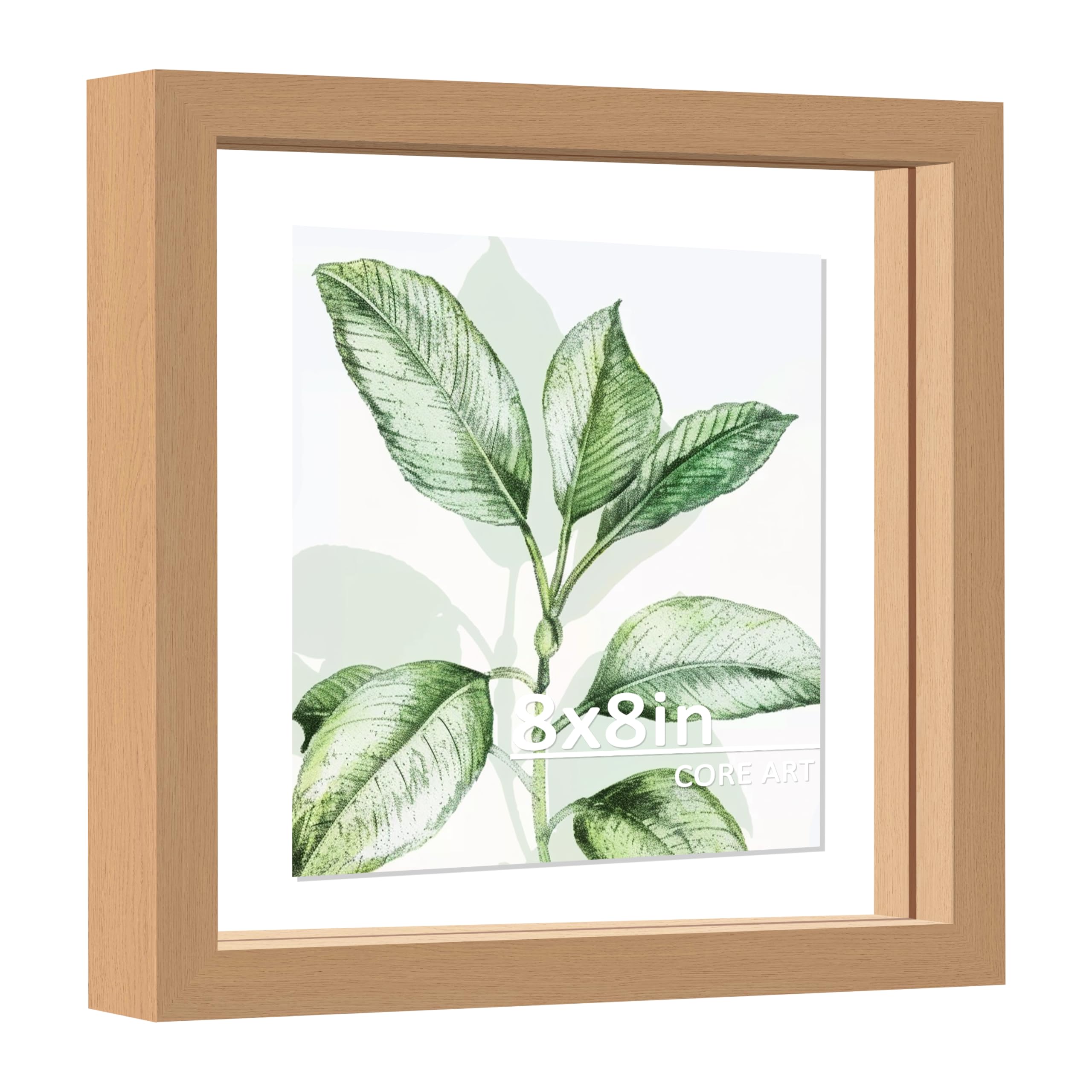 CORE ART 8x8 Floating Picture Frame,Double Plexglass Floating Frame for 6x6,4x4 Pictures,Wall or Tabletop Display,Nature Wood