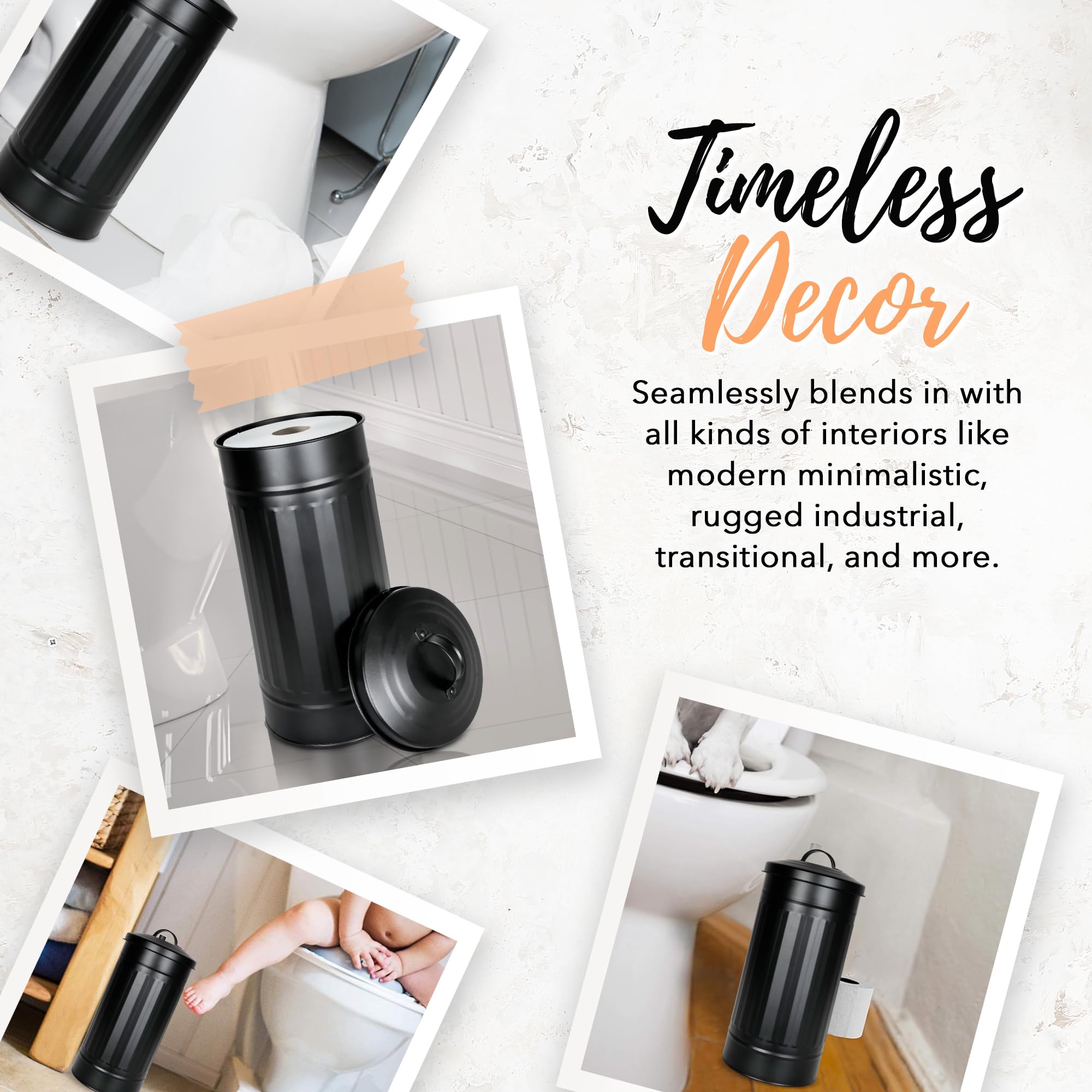 Autumn Alley Black Toilet Paper Reserve Holder Canister with Lid - Vertical Rustproof Free-Standing Farmhouse Metal Toilet Tissue Caddy for 3 Mega Rolls  Rustic Behind/Beside Toilet Storage Stand