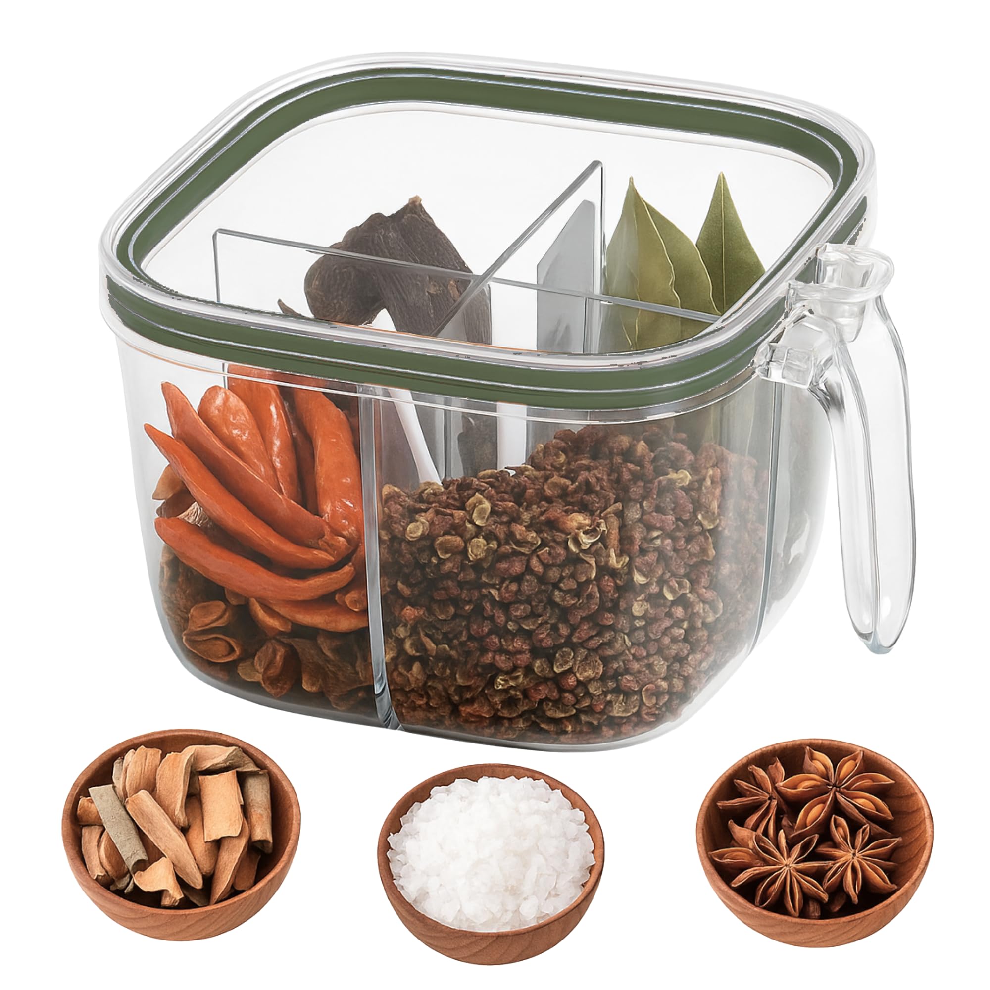 Henij Silicone, Plastic 4 In 1 Seasoning Box With Lid And Spoons, Masala Rangoli Dabba Box Set, 4 Compartments Spice Jar Sealed 