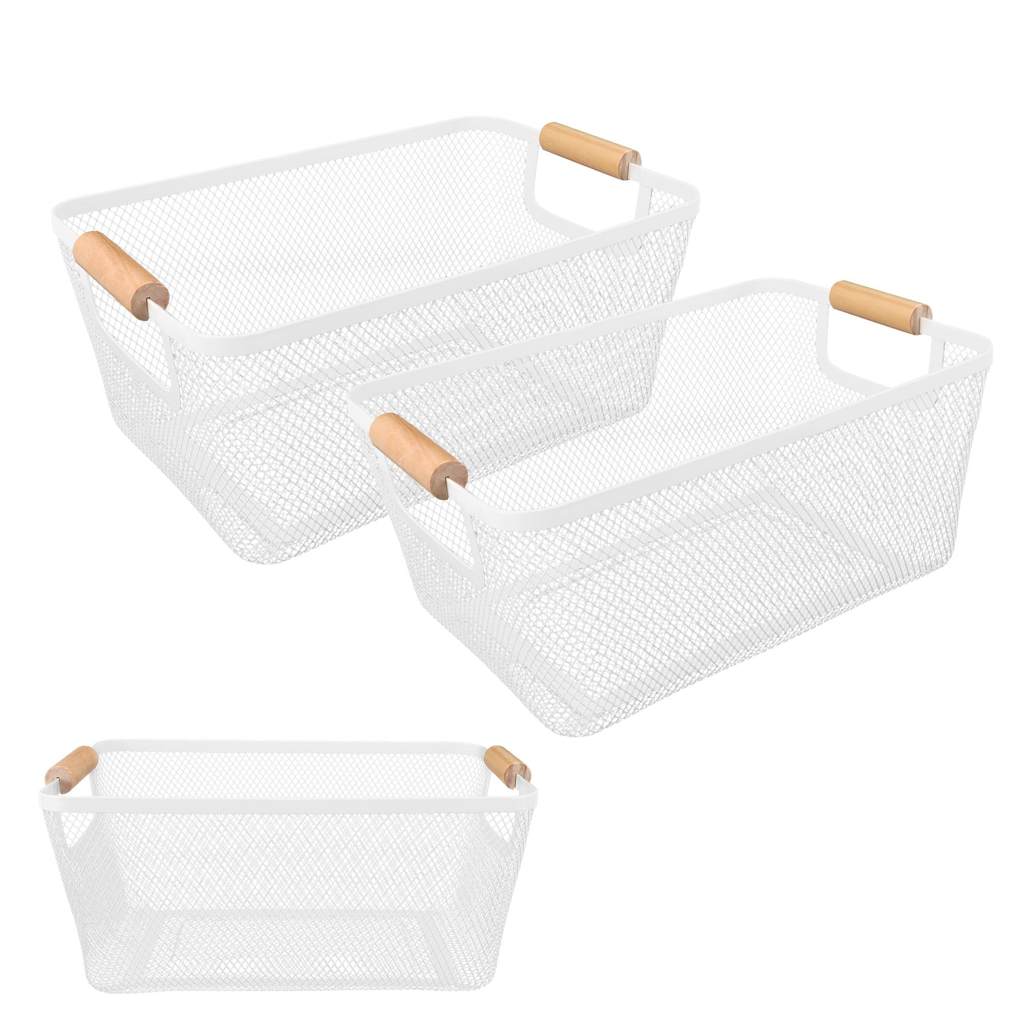 2Pack Metal Mesh Steel Basket With Bamboo Handle - Wire Metal Basket For Kitchen Organization, 12'' Wide Food Organizer Bin, Per