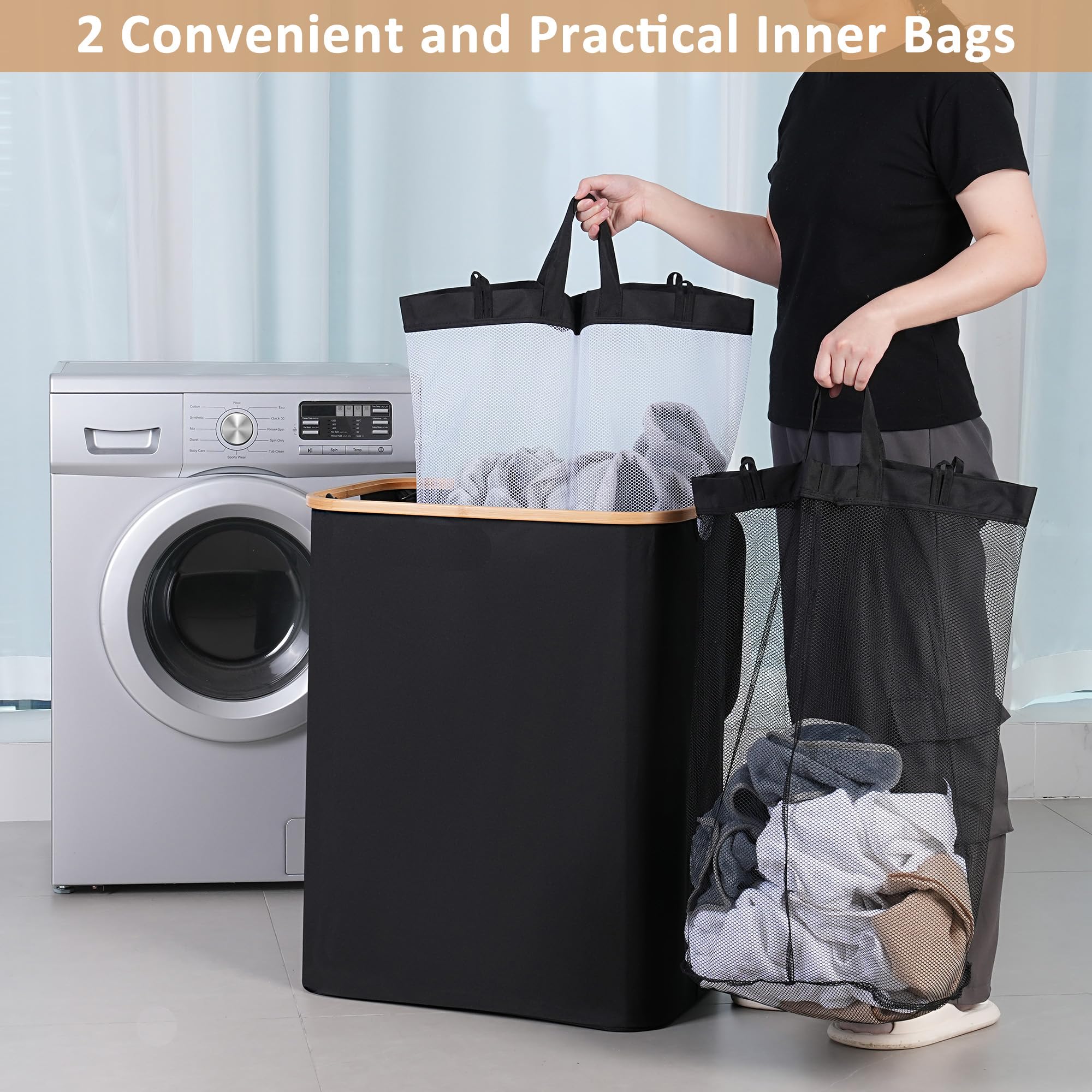 Iegrow 150L Laundry Basket With Lid,Large Laundry Hamper With Bamboo Handles, Hampers For Laundry, Dirty Clothes Hamper With 2 R