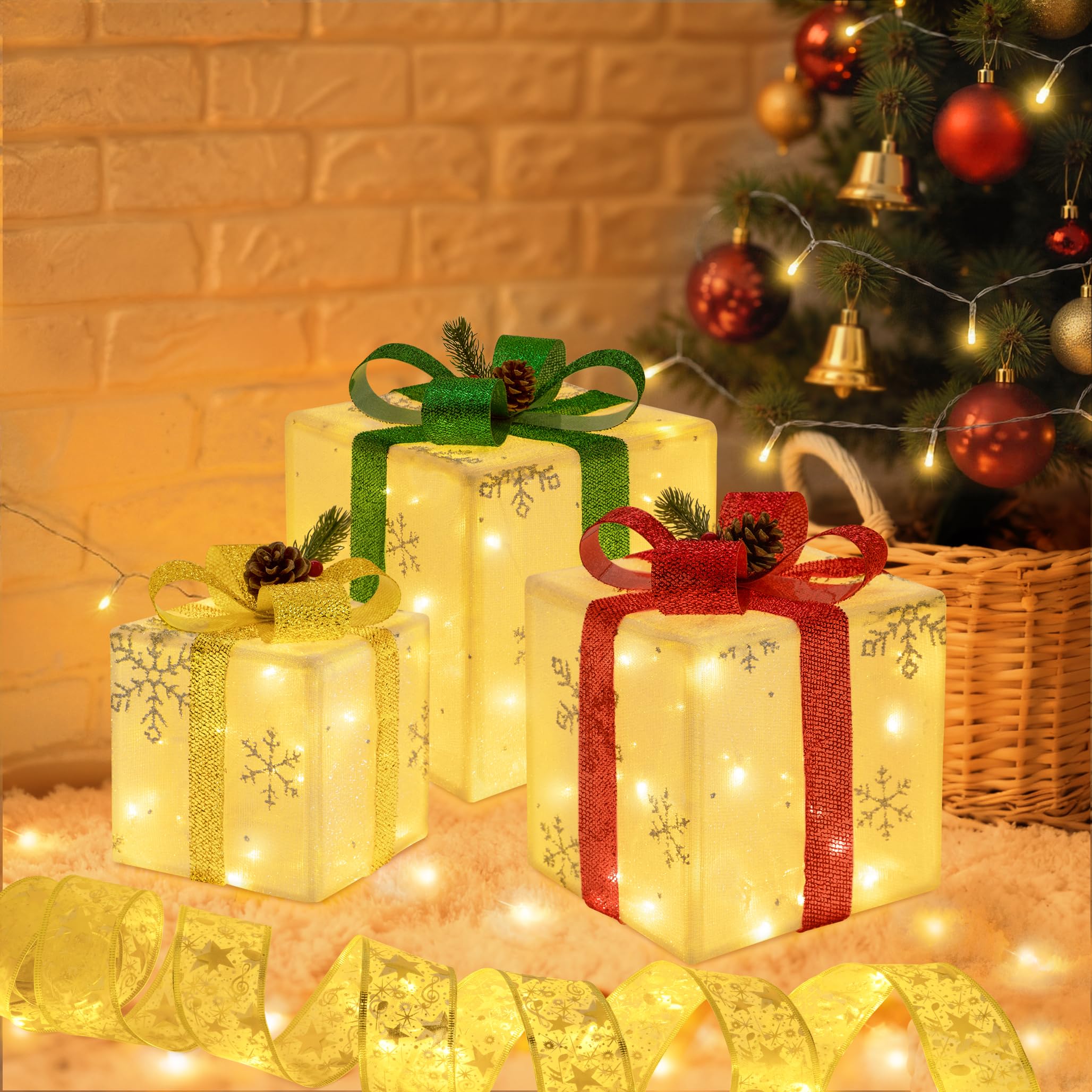 Attmu Set of 3 Christmas Lighted Gift Boxes, 102 LED Light Up Battery Operated Gift Present Boxes, 16ft Christmas Tree Ribbon & 