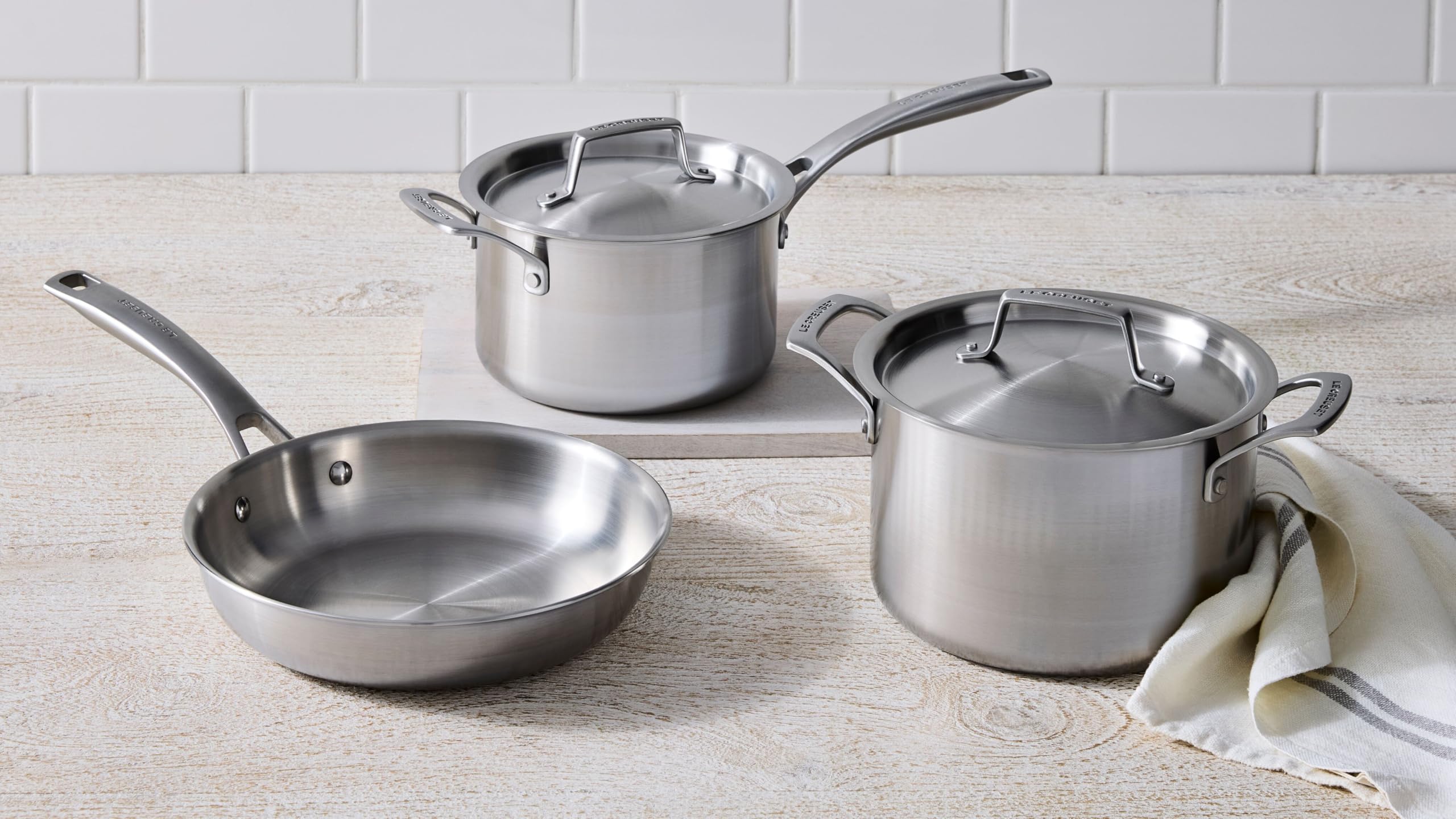 Le Creuset Essential 3Ply Stainess Steel  Set Of 324Cm Frying Pan, 18Cm Saucepan & 20Cm Deep Casserole