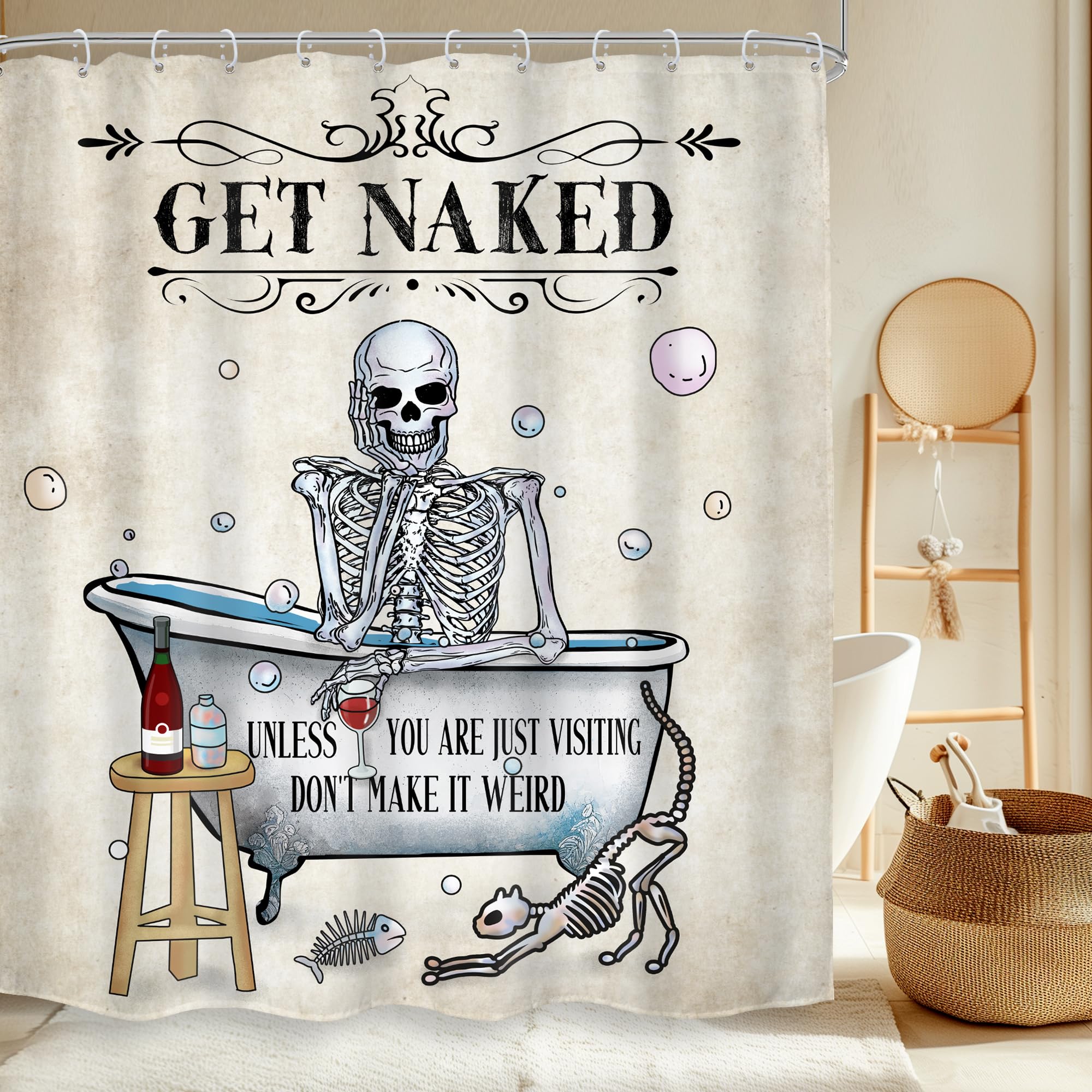 Mitpok Funny Skull Skeleton Shower Curtain 60Wx72H Gothic Spooky Cool Horror Unique Bone In Bathtub Bubbles Cat Fish Retro Scary