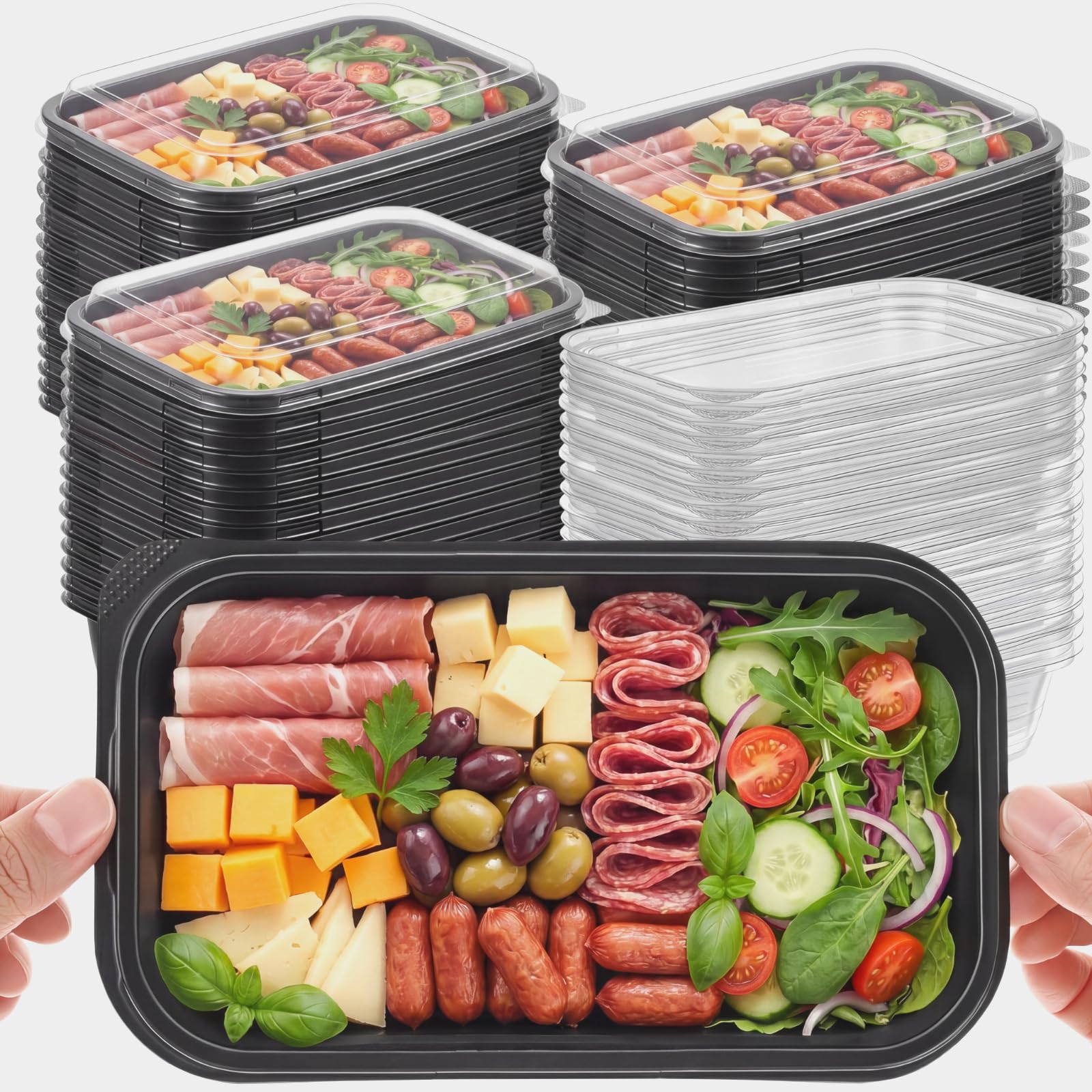 Shellwei 50 Pack 7.5 x 3.4 Inch Catering Trays with Lid, Plastic Serving Tray Bakery Dessert Cookies Candy Containers with Clear