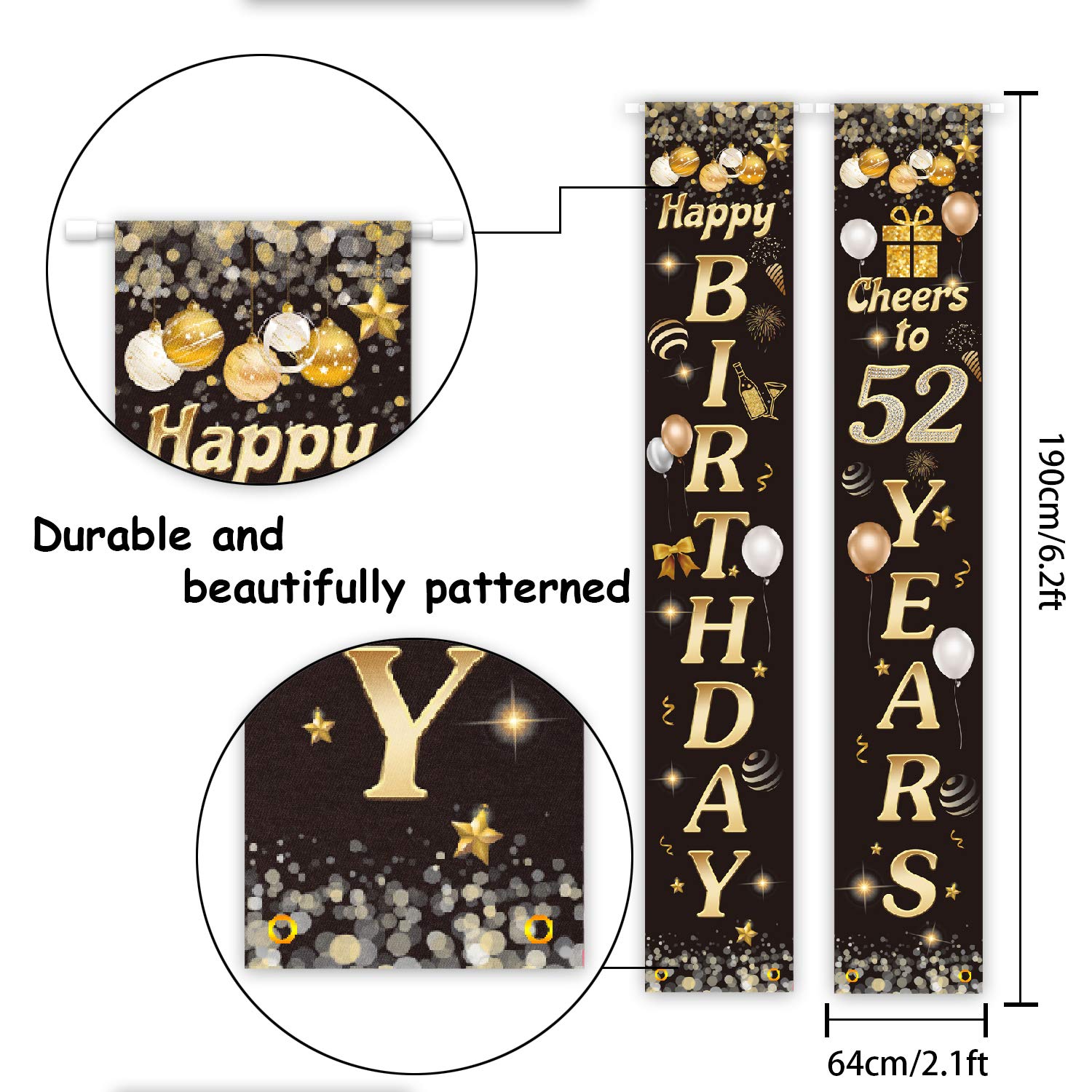 Happy Birthday Cheers To 52 Years Black Gold Yard Sign Door Banner 52Nd Birthday Decorations Party Supplies