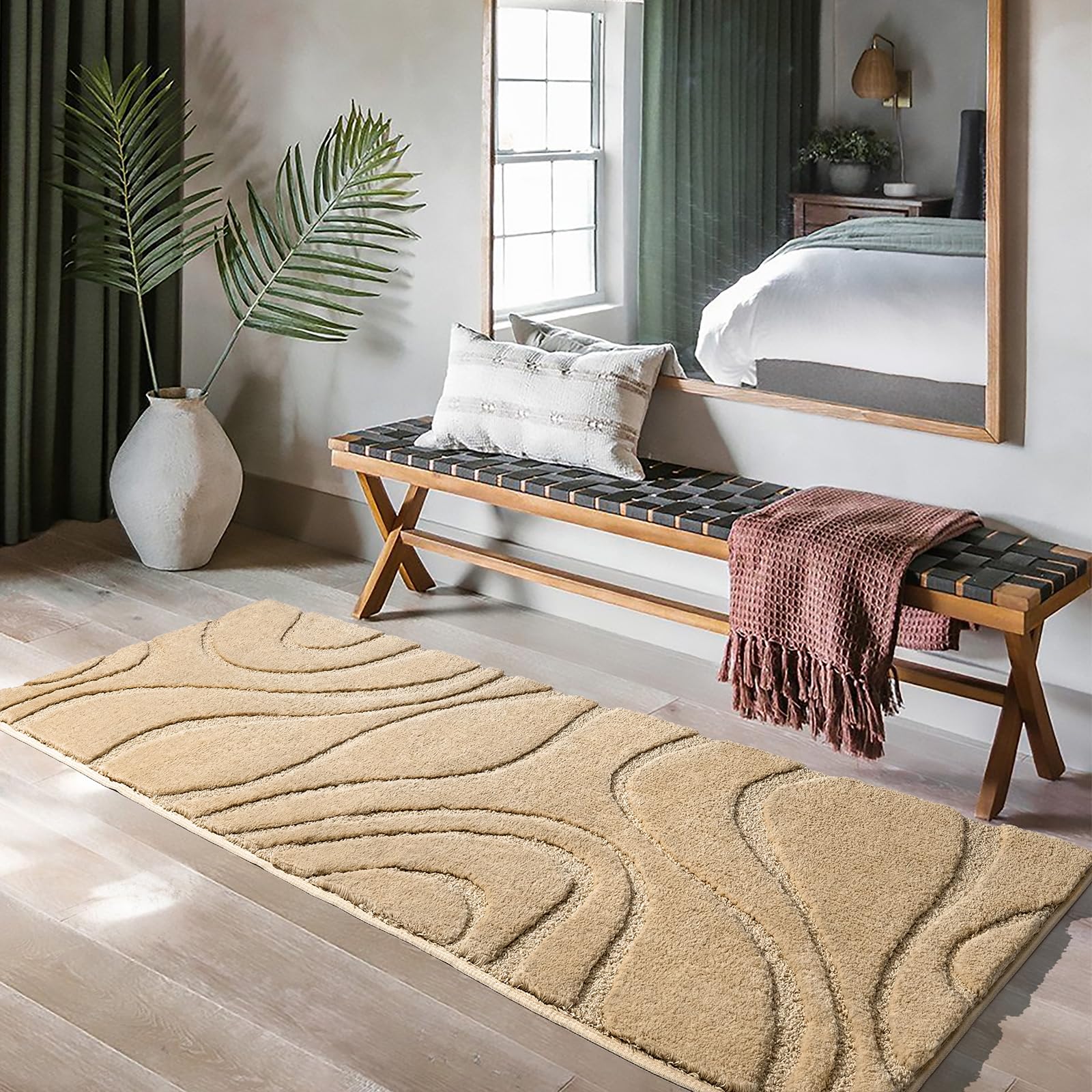 Dexde Bathroom Rugs Runner 24 X 60 Inch, Extra Long Bathroom Rug Non-Slip, Machine Washable Bath Mats Rug, Beige Soft Carpets Fo