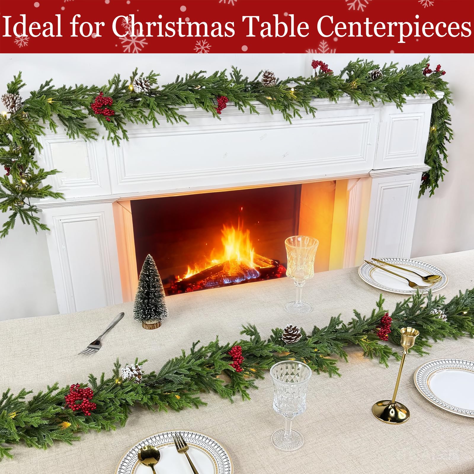 6FT Pre-lit Christmas Cedar Garland with 20 Warm White LEDs Timer Red Berries Pinecones and Soft Vine, Lighted Christmas Garland