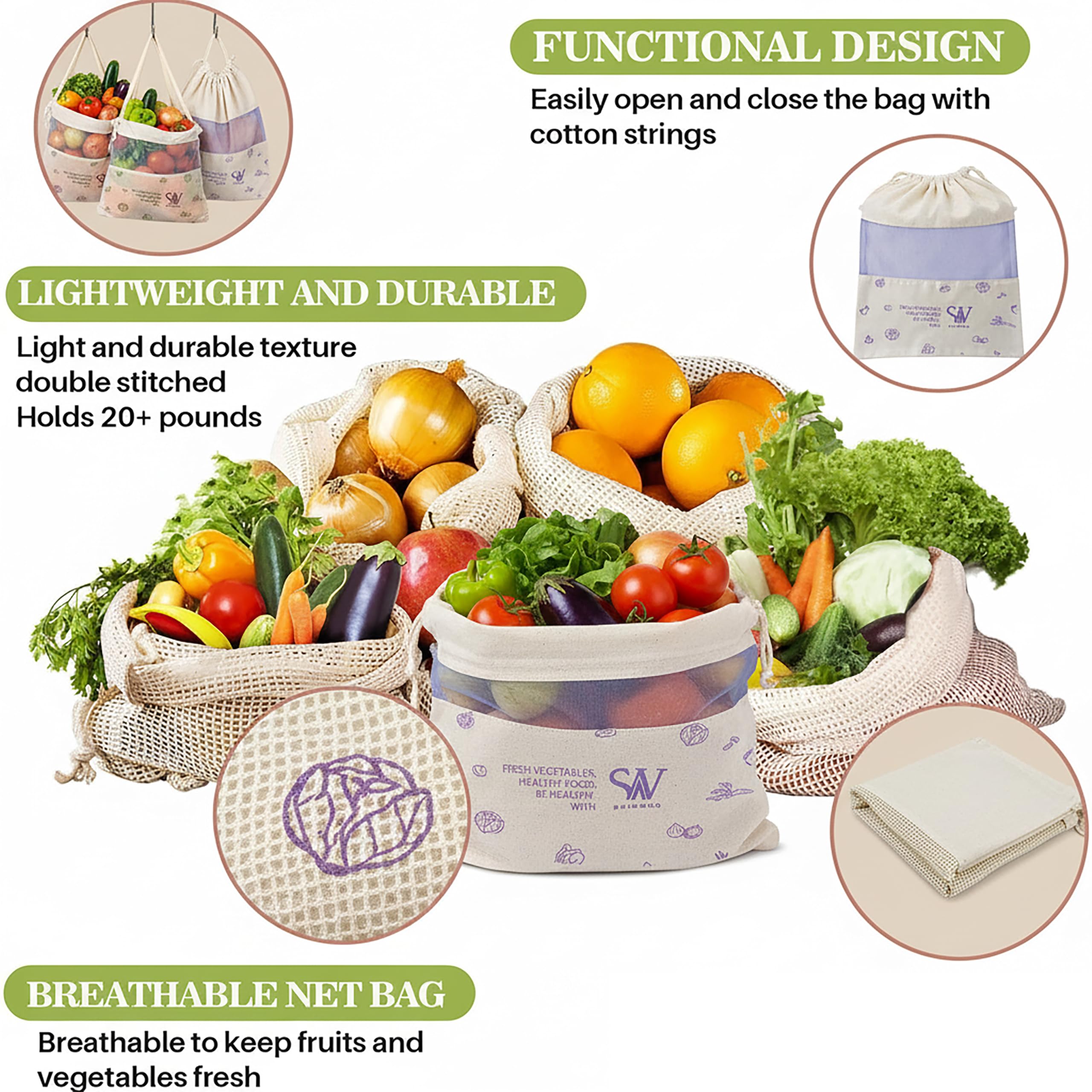 Skinwoo Set Of 6 Organic Cotton Reusable Vegetable Bag For Fridge, Eco Friendly Storage Bags, 11 X 13 Inch For Fruits, Vegetable