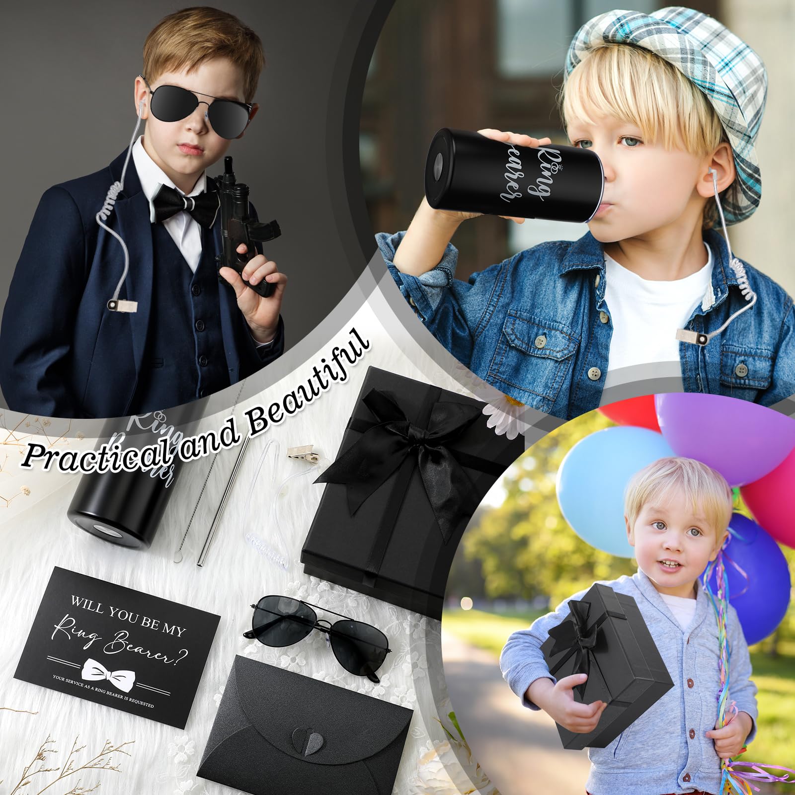 Seewey 6 Pcs Ring Bearer Gifts Set Wedding Party Favors, Include Tumbler With Straw, Will You Be My Ring Bearer Proposal Card, E