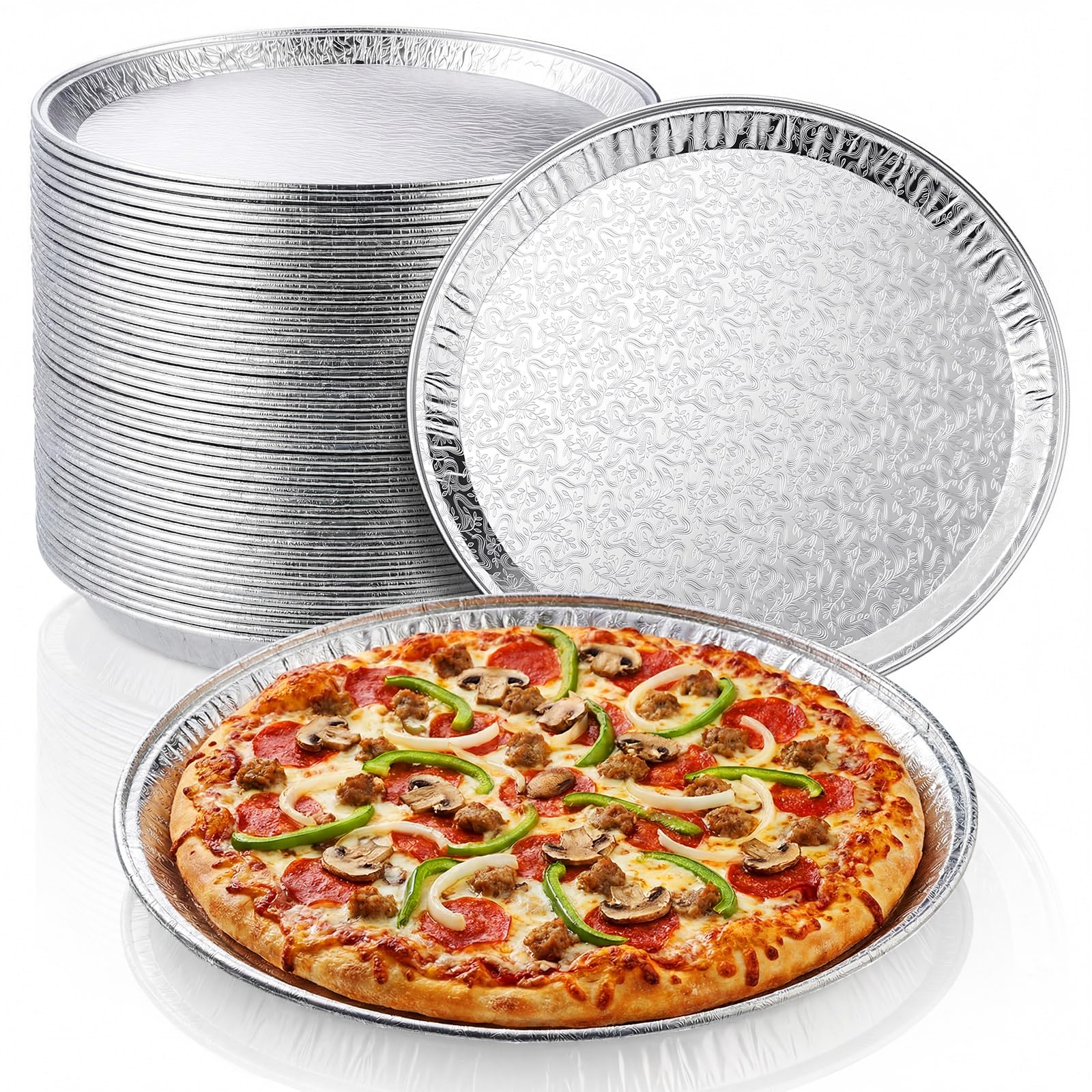 Patelai 50 Pcs 12 Inch Disposable Pizza Pans Aluminum Pizza Pan Round Aluminum Foil Serving Tray Silver Serving Platters for Bak