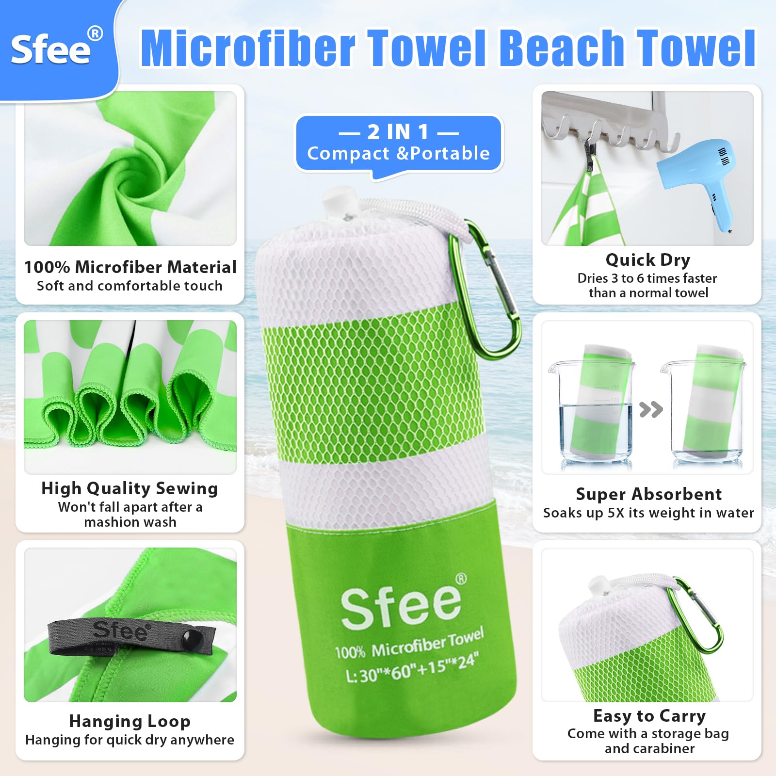Sfee 2 In 1 Microfiber Beach Towel, Quick Dry Towel Camping Towel Travel Towel Super Absorbent Compact Lightweight Sports Towel