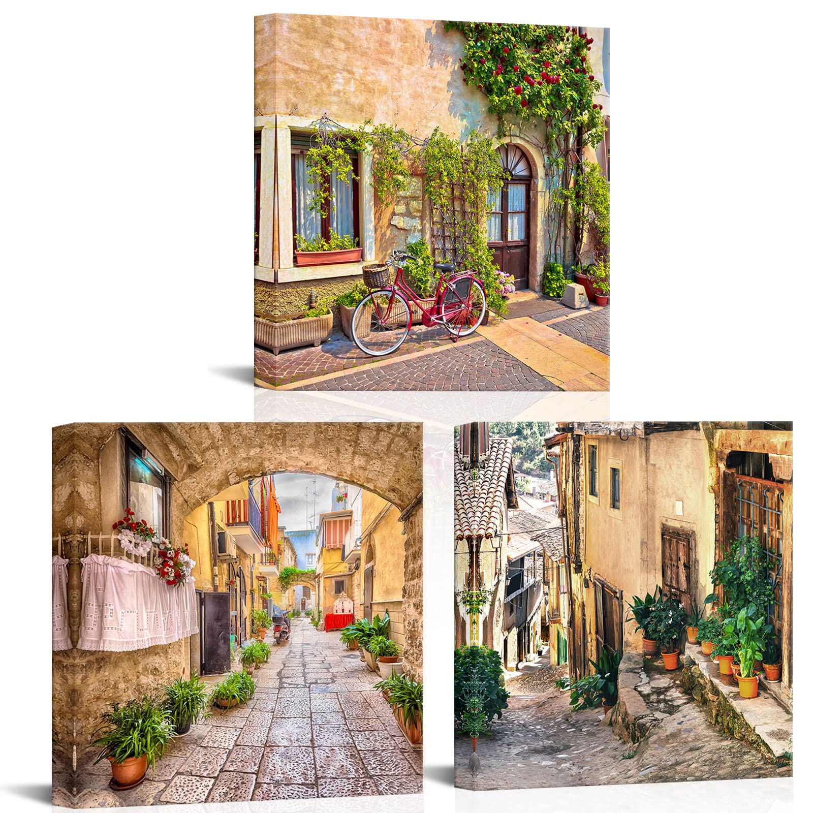 Ouelegent 3 Pieces Mediterranean Canvas Wall Art Prints For Bedroom Living Room Vintage Italy Village Landscape Modern Colorful