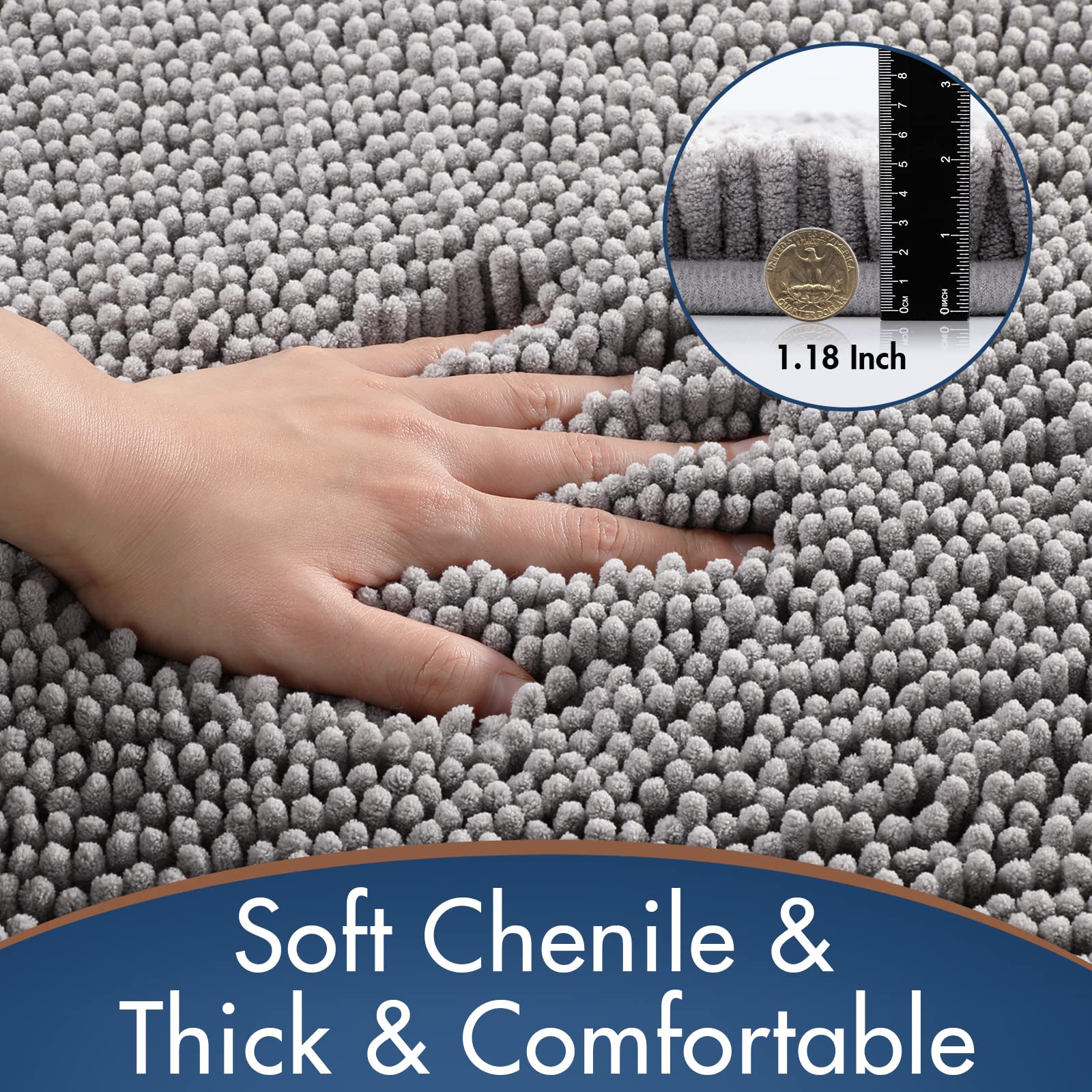 Yimobra Chenille Bathroom Rugs Set U-Shape  Luxury Thick Absorbent Plush Rugs  Soft Shaggy Bath Floor Mats  Non Slip  Machine Washable(31.5 x 19.8 + 24 x 19.5 Inches Grey)