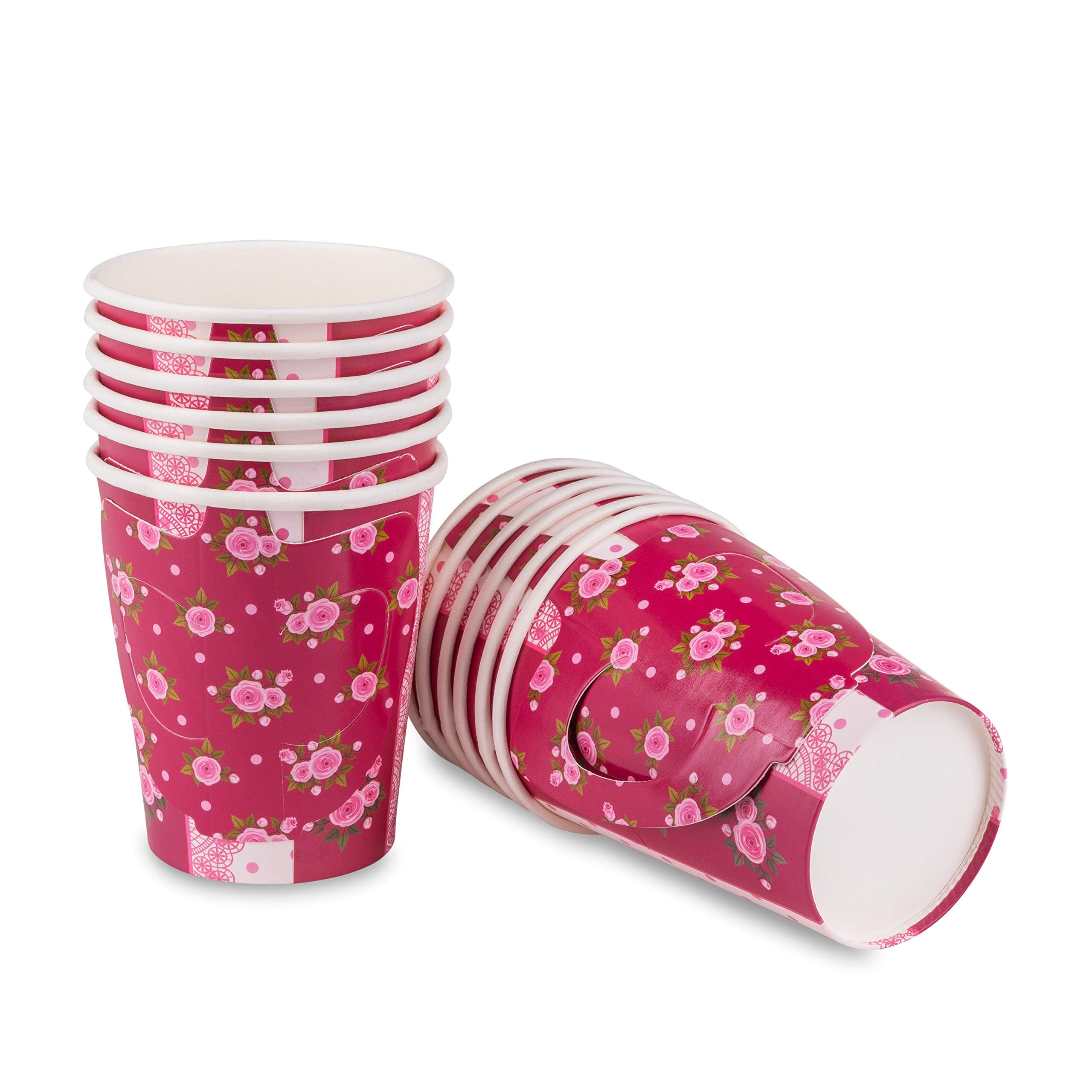 Royal Bluebonnet Paper Tea Cups And Saucer Sets - 24 Sets Of Disposable Tea Party Decorations For Valentine'S Day, Pink Floral C