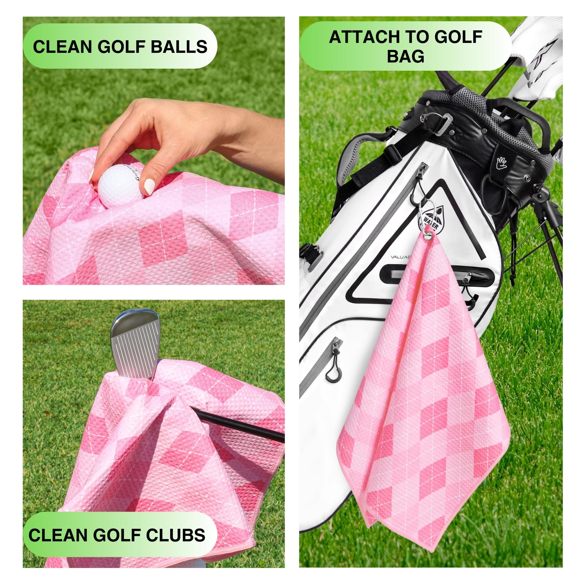 Argyle Plaid Golf Towel with Clip for Women and Men  Microfiber Waffle and Ball Towels  Set of 2