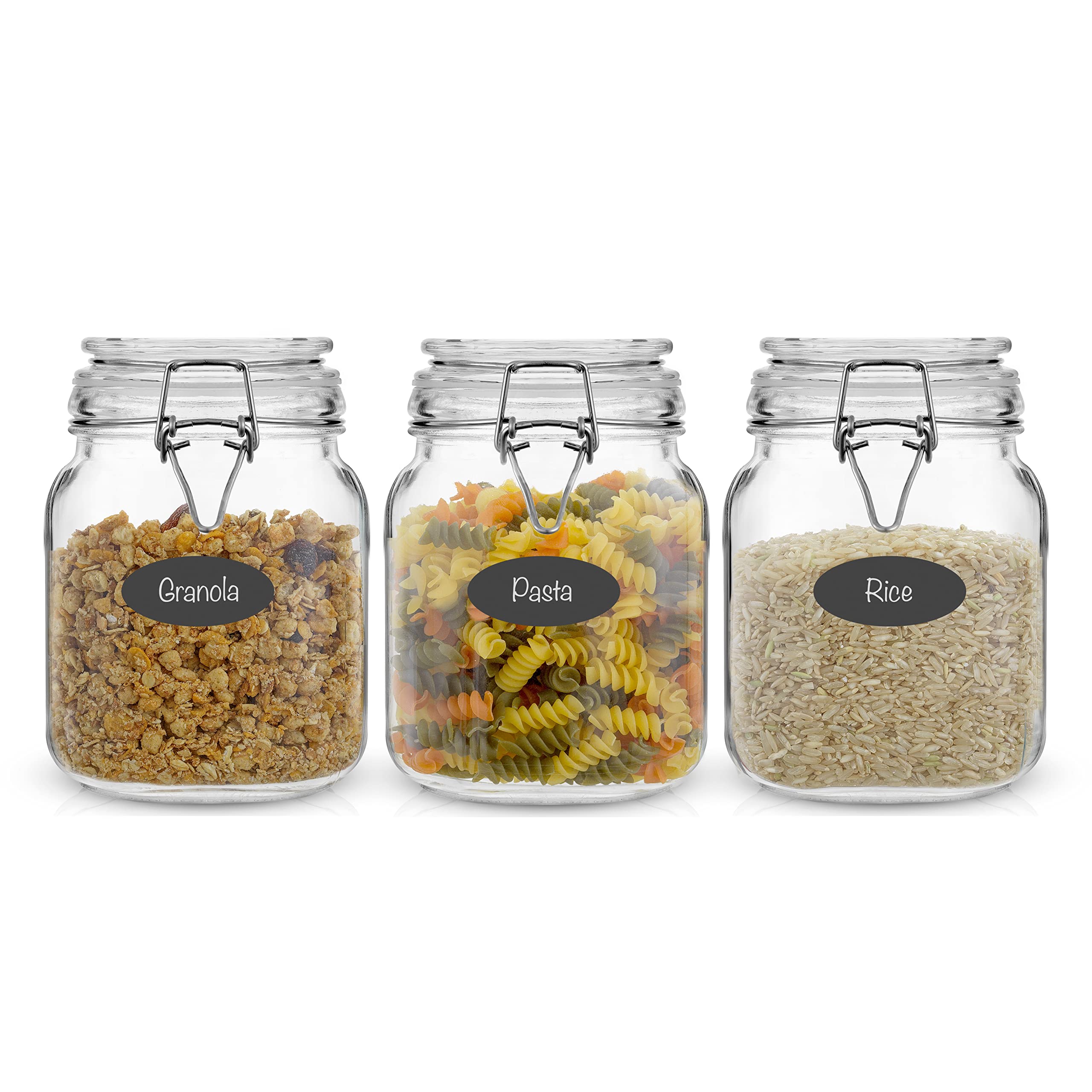 JoyJolt Airtight Glass Jars with Lids Set of 3. 32oz Glass Jar with Lid and 6 Silicone Seals! Med Glass Food Storage Containers.