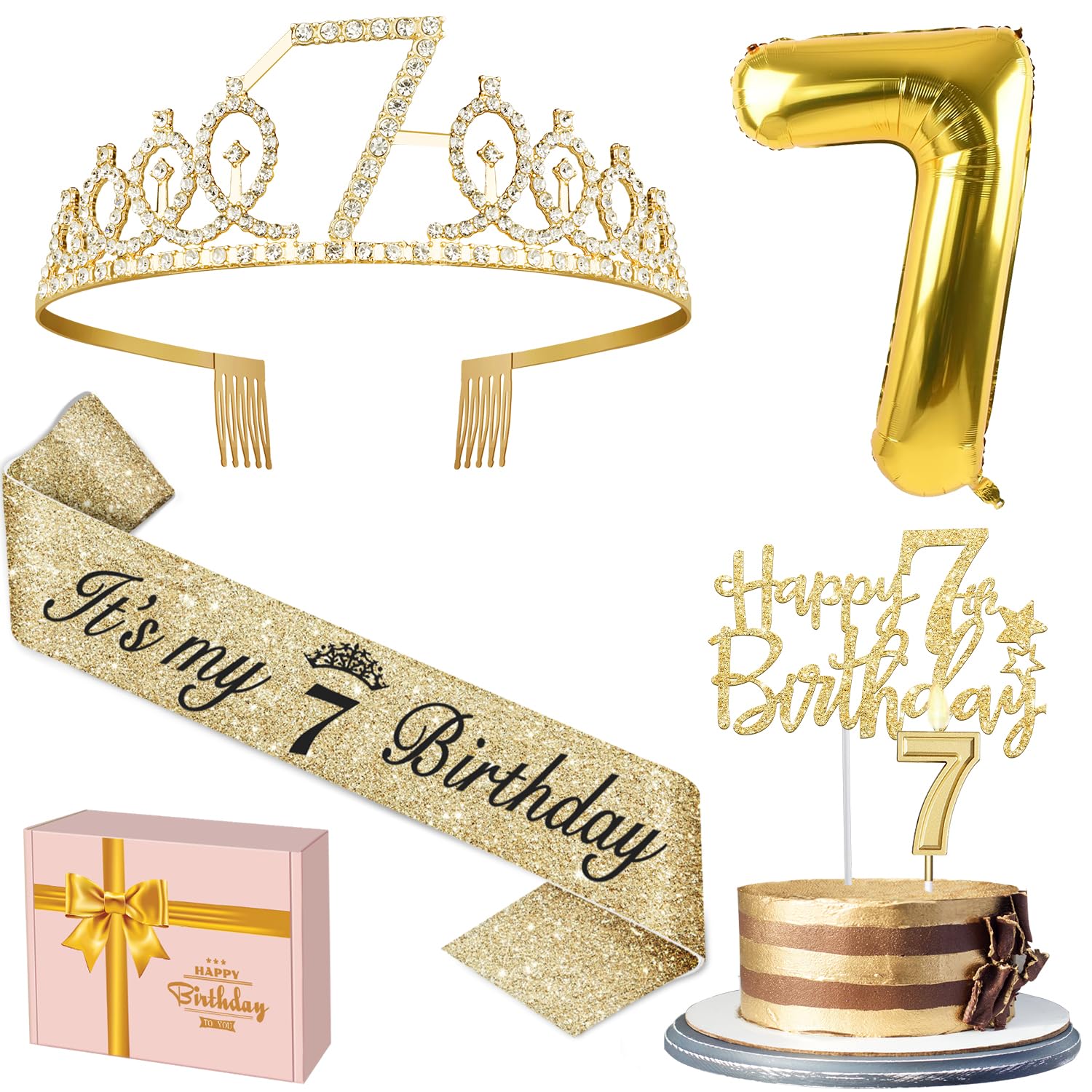 7th Birthday Decorations for Girl with 7th Birthday Girl Sash and Tiara, Candles and Cake Topper, Number Balloons, 7 Year Old Gi
