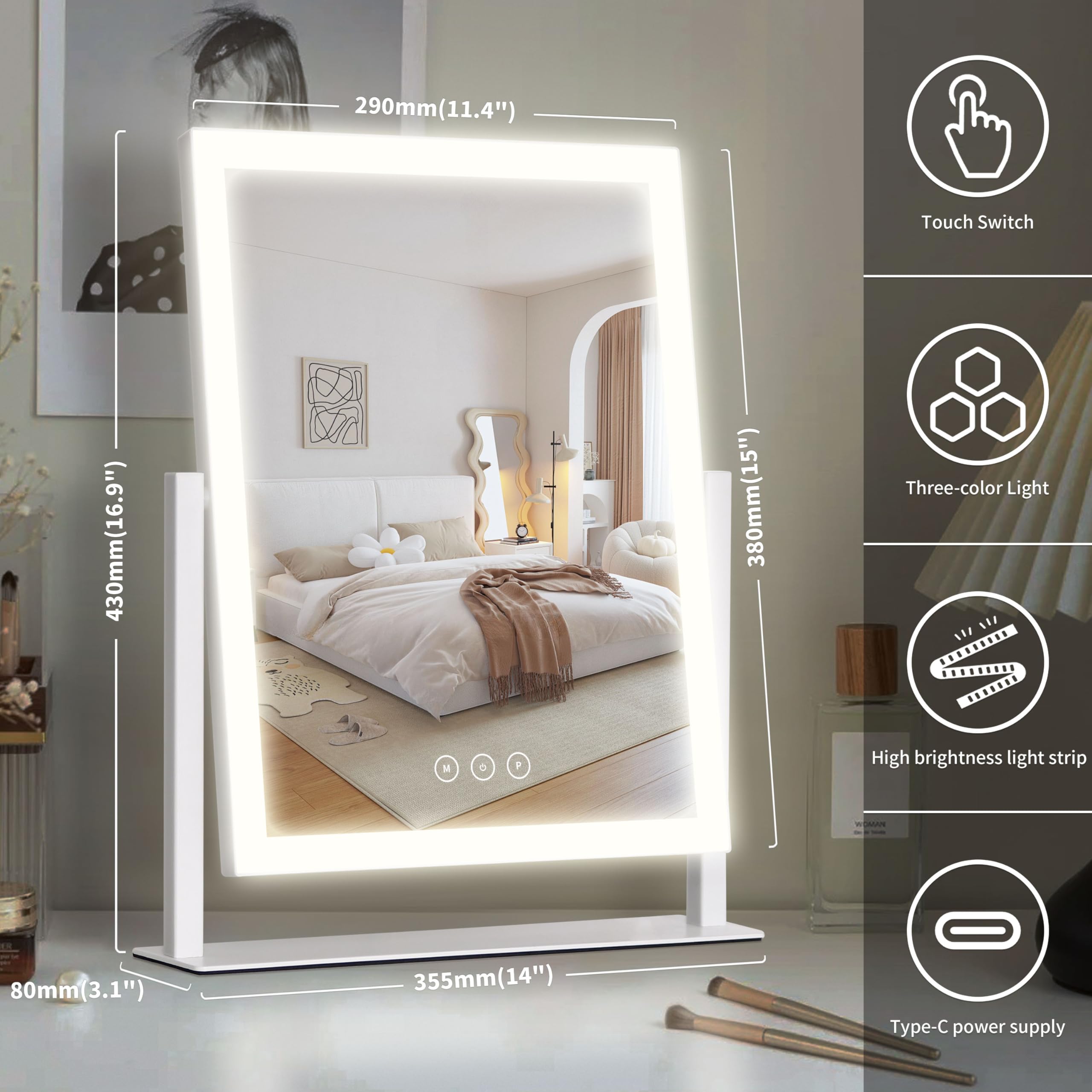 Yumelivi Hollywood Vanity Mirror With Lights, 16.7X13.2, 3 Color Modes, Smart Touch Control, 360 Rotatable, Perfect For Bedroom