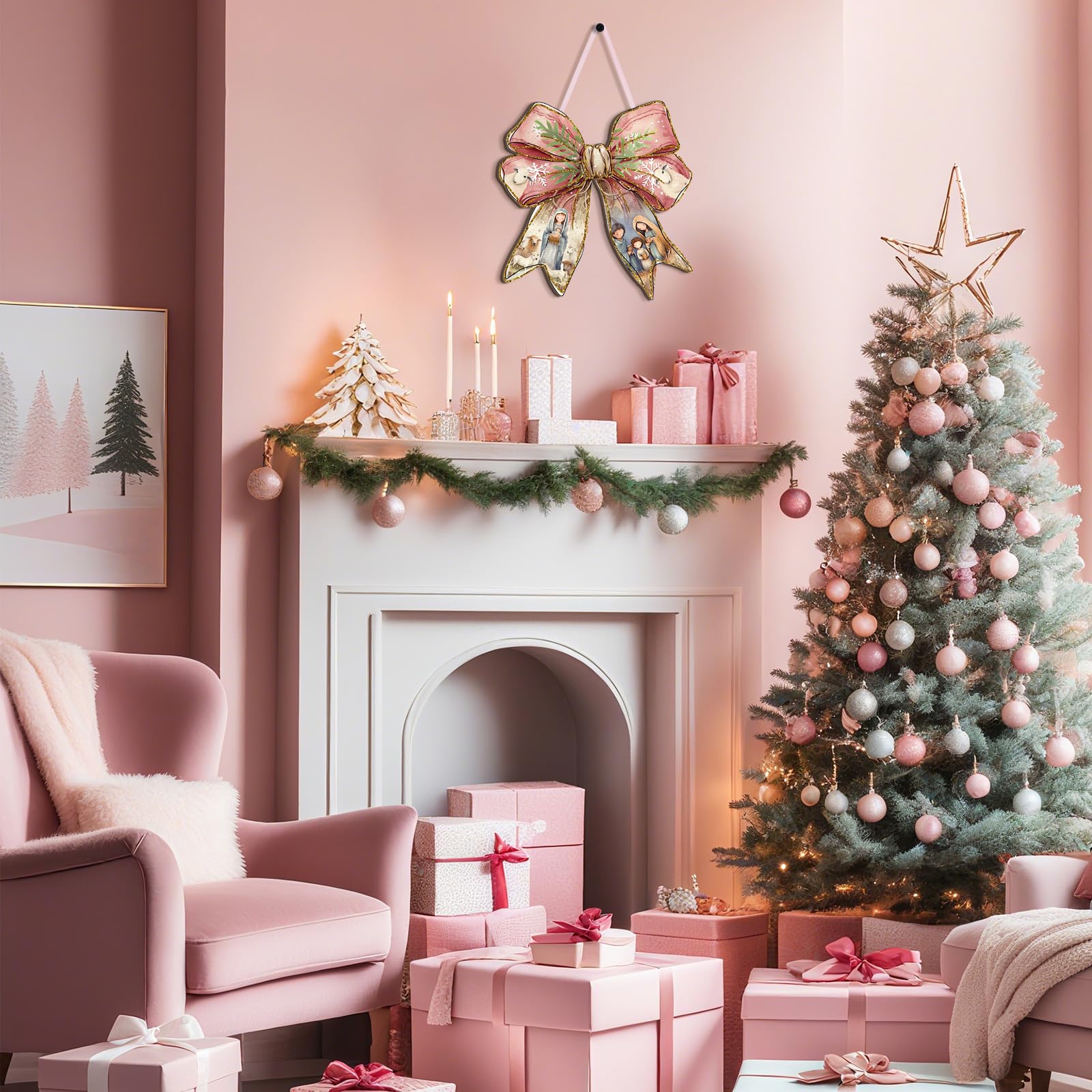 RattanView Jesus Christmas Bow Wooden Hanging Sign Coquette Bow Wall Hanging Nativity Scene Wall Art Bowknot Welcome Door Sign D