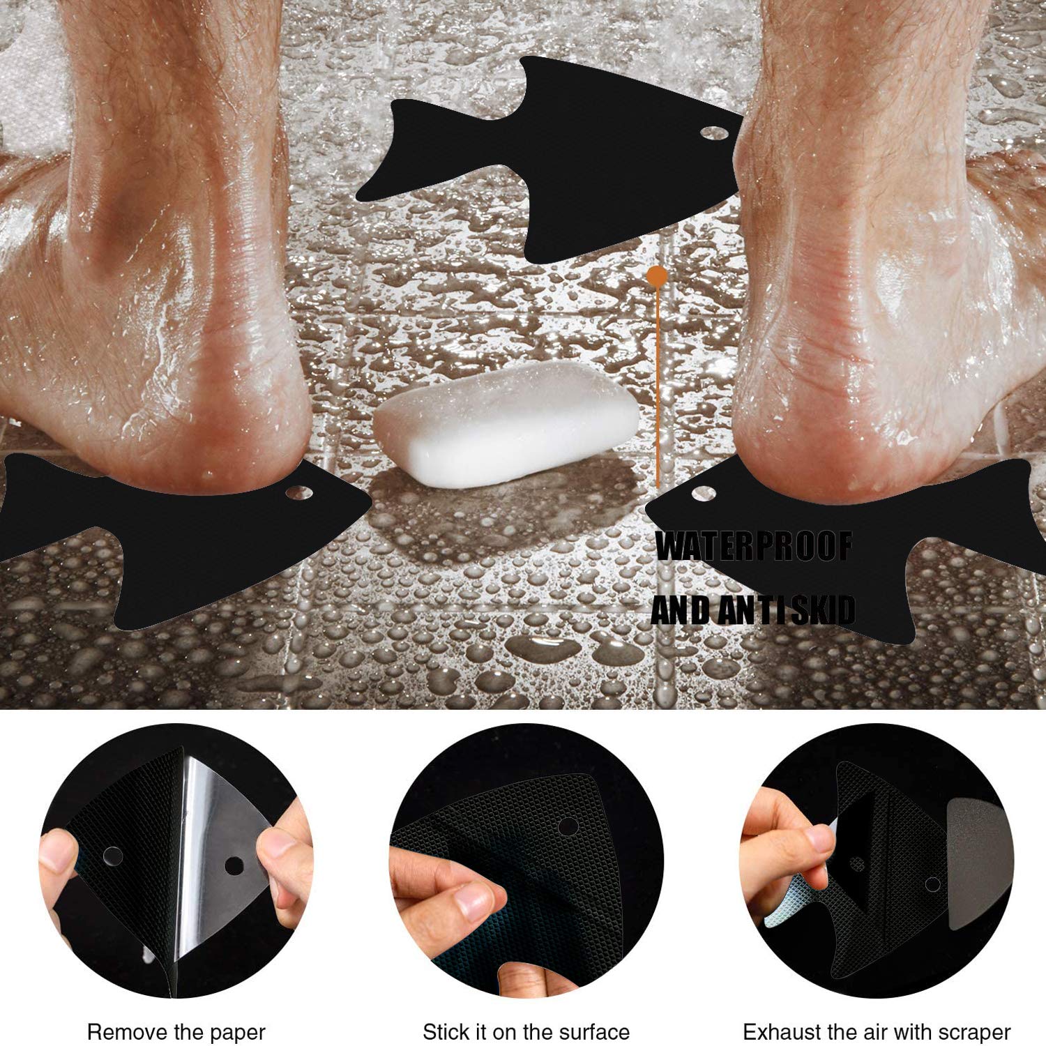 Bathtub Stickers Non-Slip  24 PCS Safety Shower Treads Adhesive Appliques with Premium Scraper (Black)
