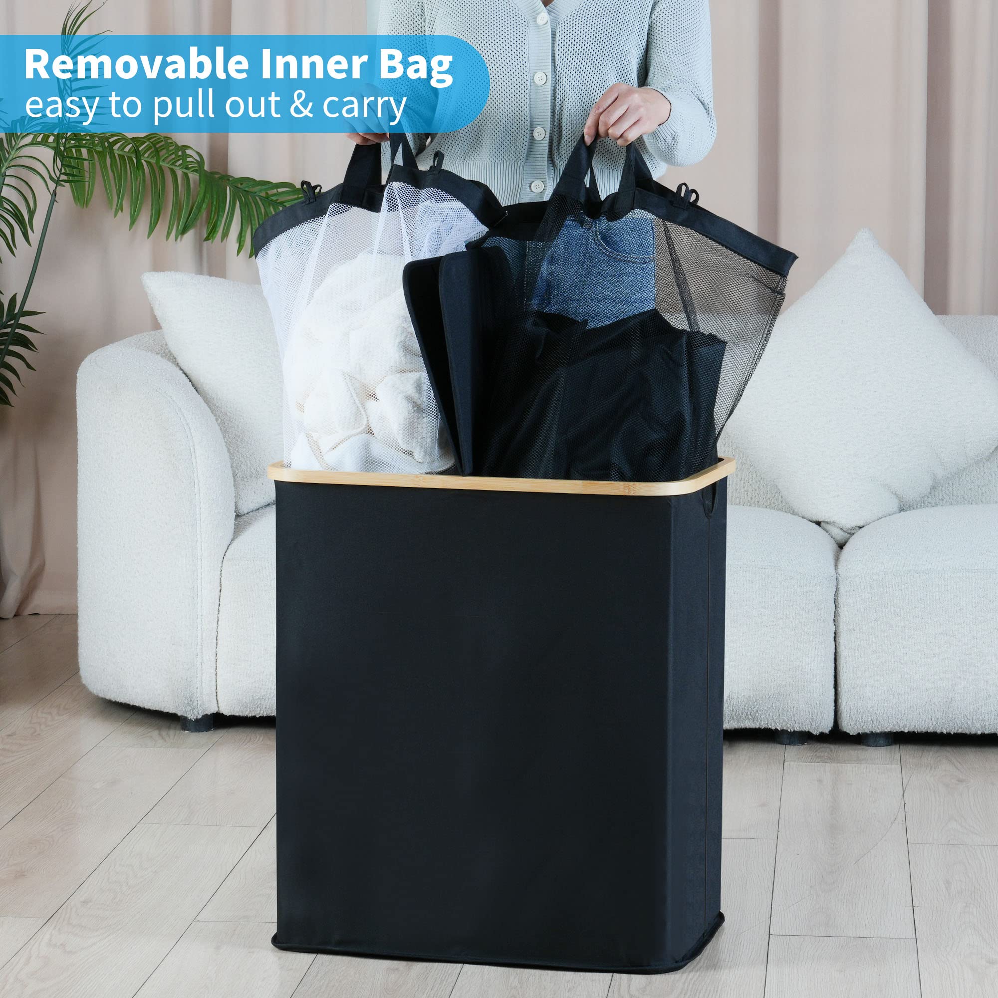efluky Laundry Hamper with Lid  Double Laundry Hamper with 2 Removable Bags  2 Section Laundry Hamper with Bamboo Handles for Bedroom  Bathroom & Laundry Room  140L (36.9 Gallon) Black