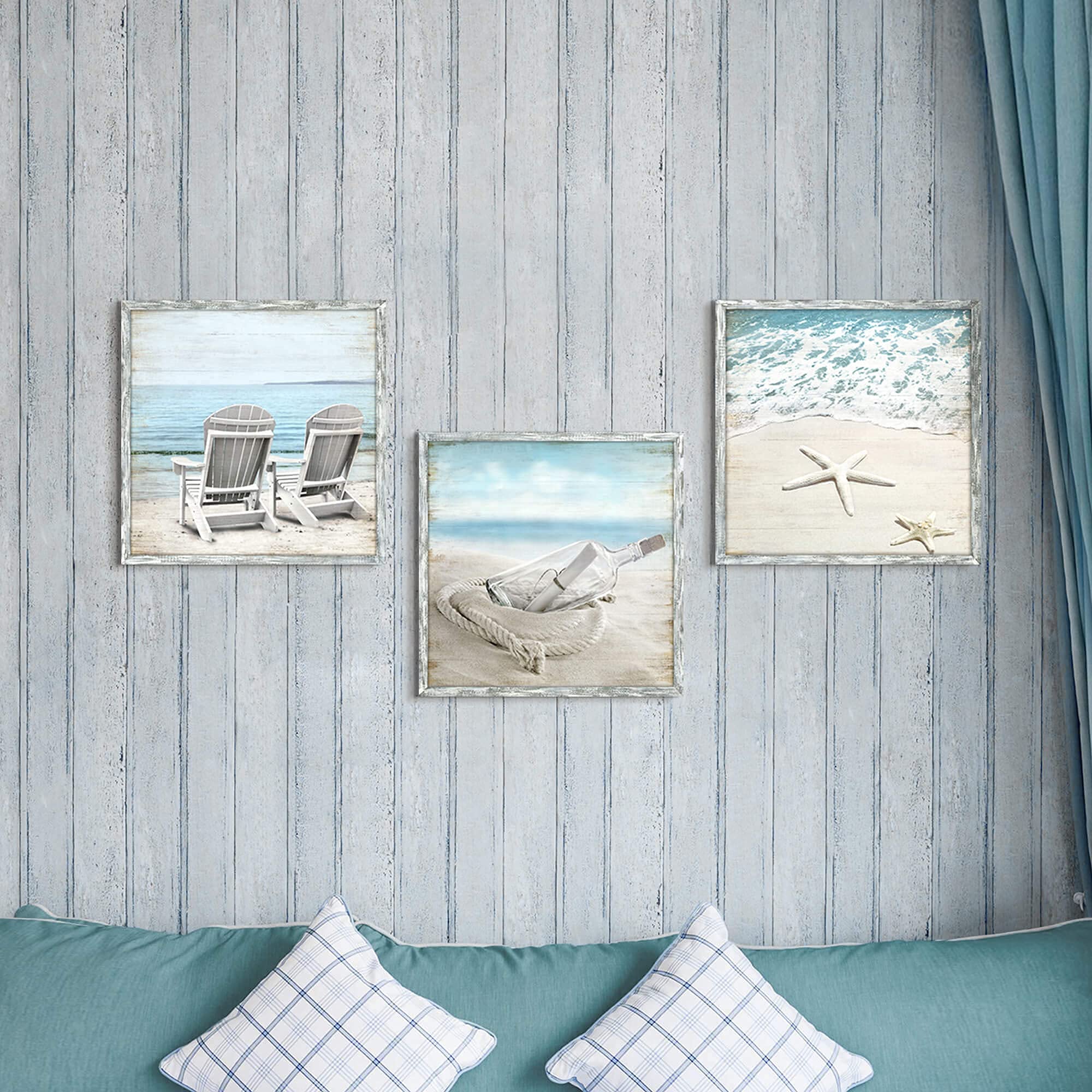 Coastal Pictures Framed Wall Artwork: Seascape Wall Decor Set Of 3 Beach Chairs & Drift Bottle Wall Art Starfish Prints On Wood