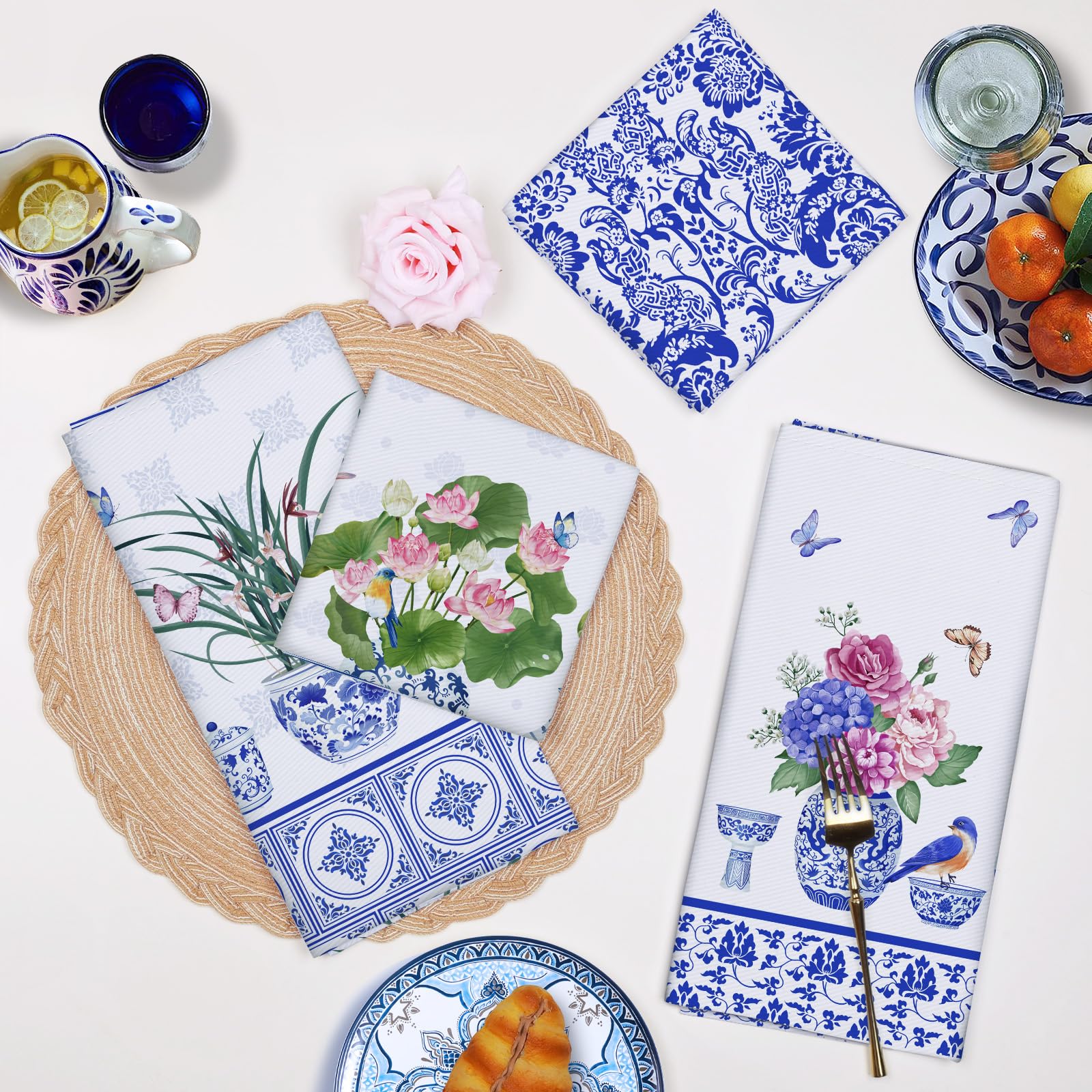 Arquiel Blue And White Porcelain Kitchen Towel 100% Cotton Quick Dry Dish Towels 20 X 27.5Inch, Dishcloth Hand Towels For Housew