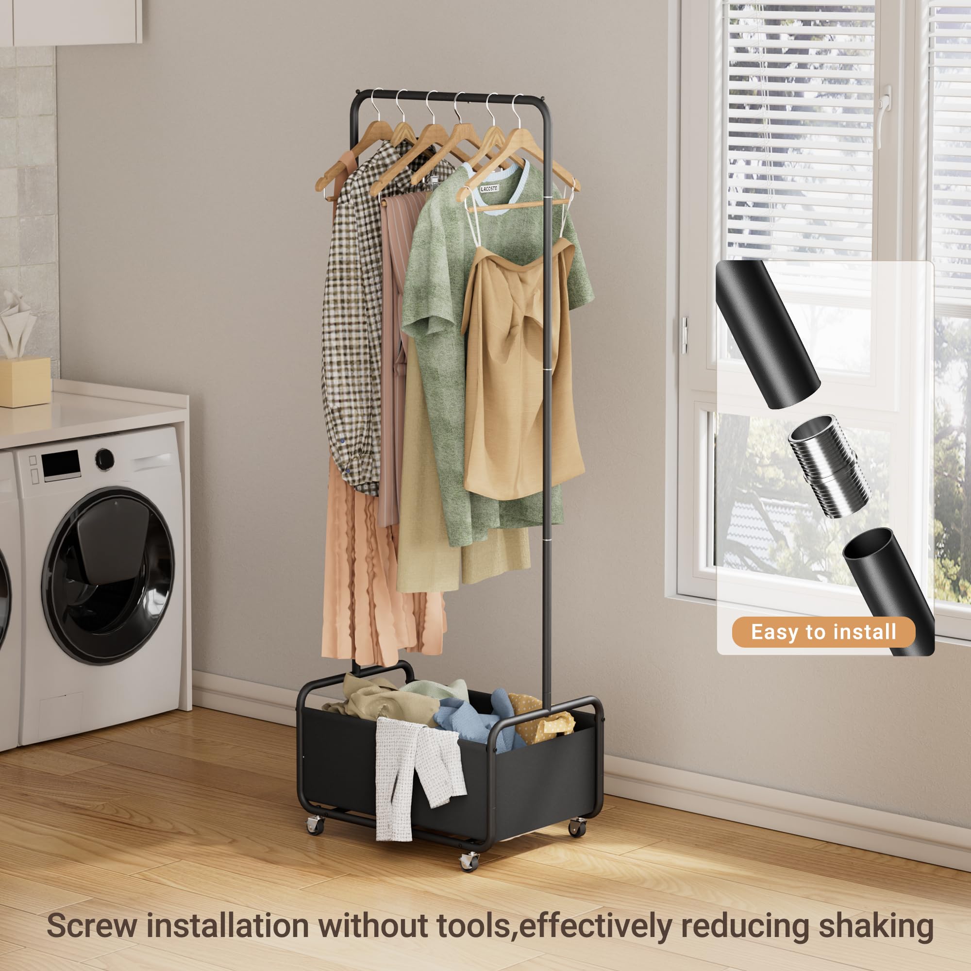 Dunatou Small Clothes Rack With Wheels, Heavy Duty Small Clothing Rack, 2-In-1 Metal Garment Rack With Basket, Clothes Racks For