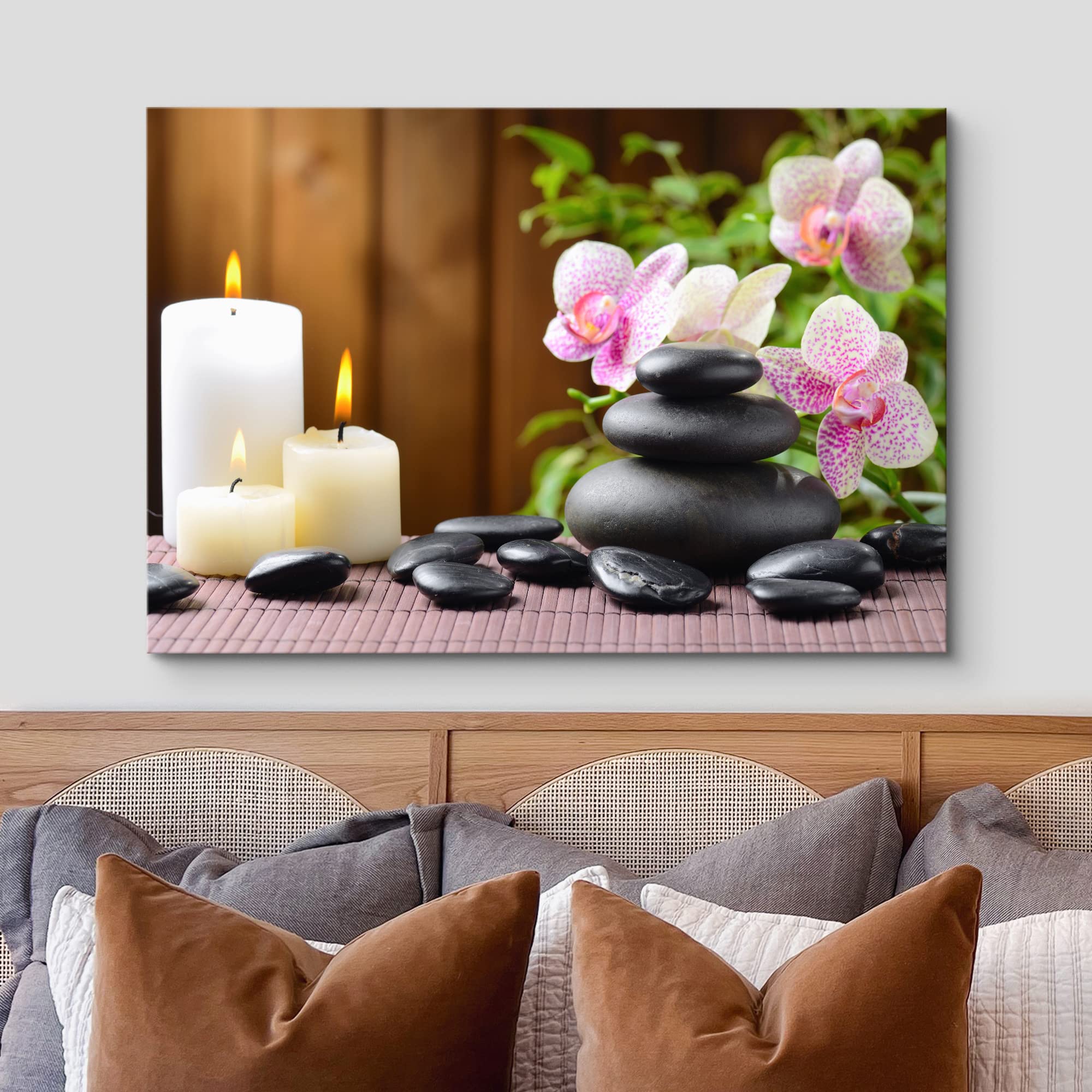 Wall26 Canvas Print Wall Art Pink Orchid Flowers Zen Massage Stones White Candles Nature Wilderness Photography Realism Rustic L